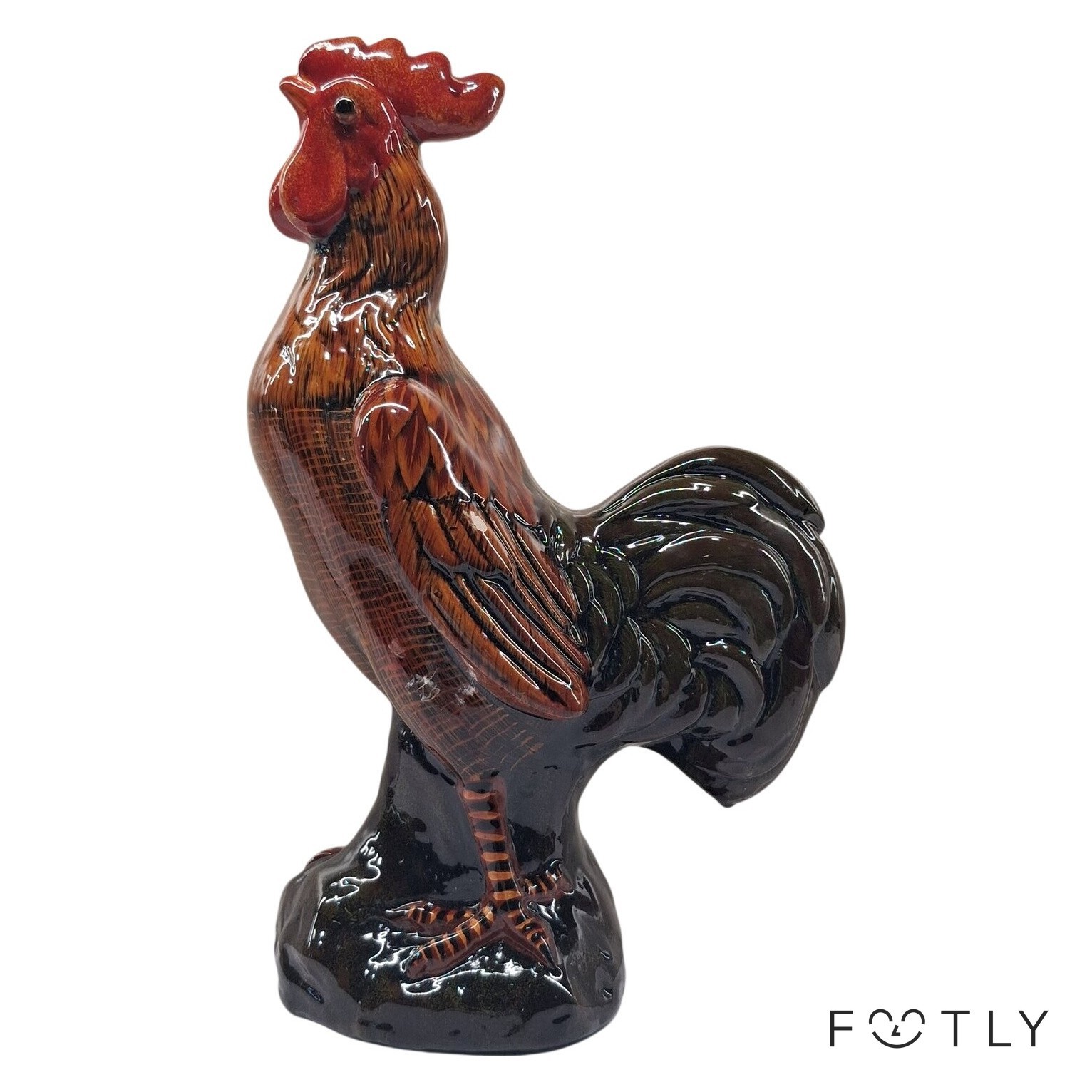 Större Tupp Figur Vintage 90-tal Keramik Brun Röd Svart Prydnad Figurine Påsk