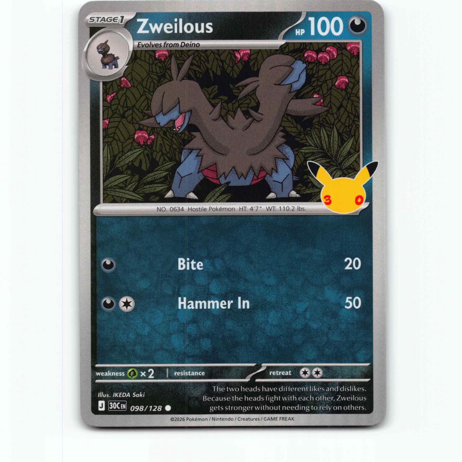 Zweilous 98 Holo Pokémon 30C EN 098/128 30th Celebration Pokemon Kort