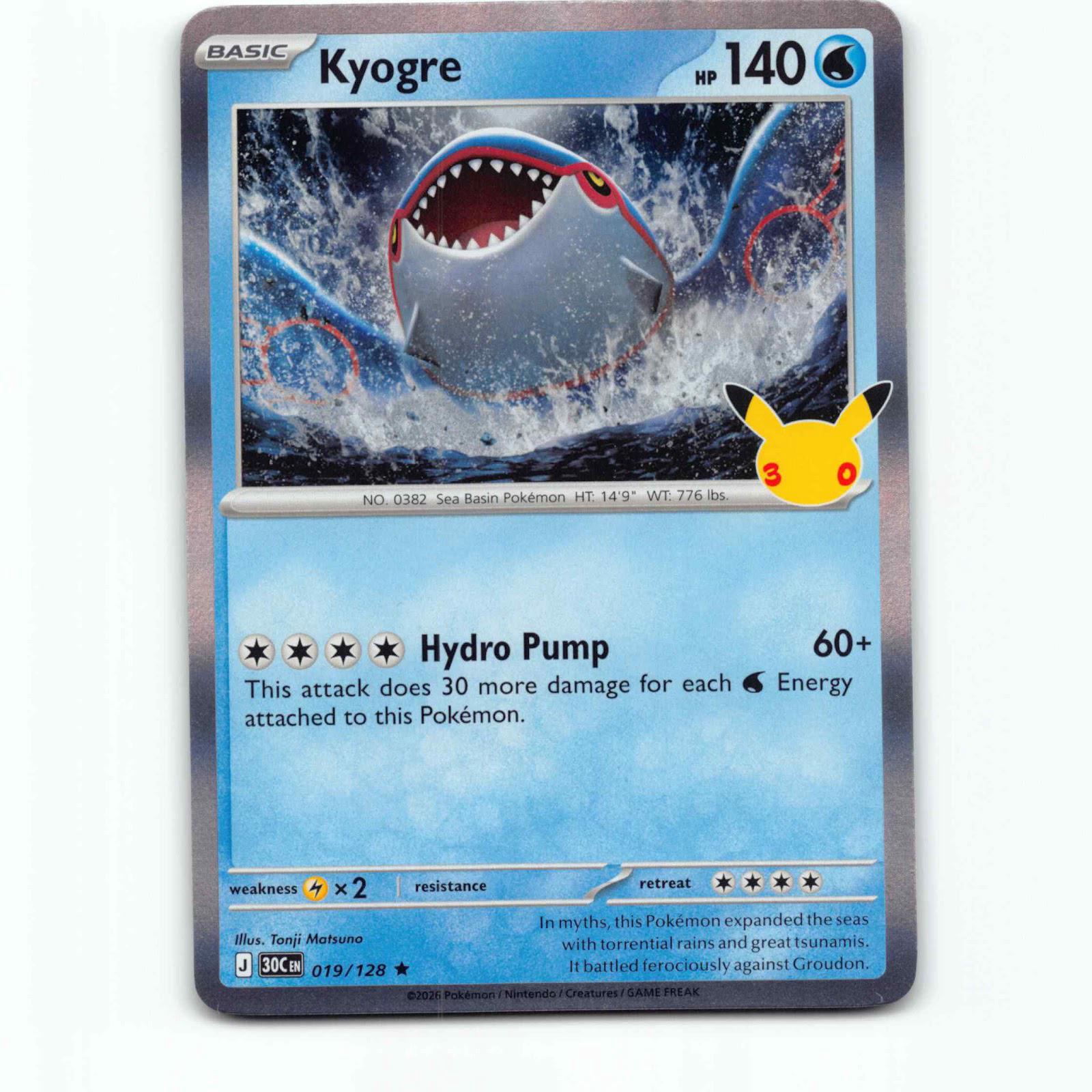 Kyogre 19 Holo Pokémon 30C EN 019/128 30th Celebration Pokemon Kort