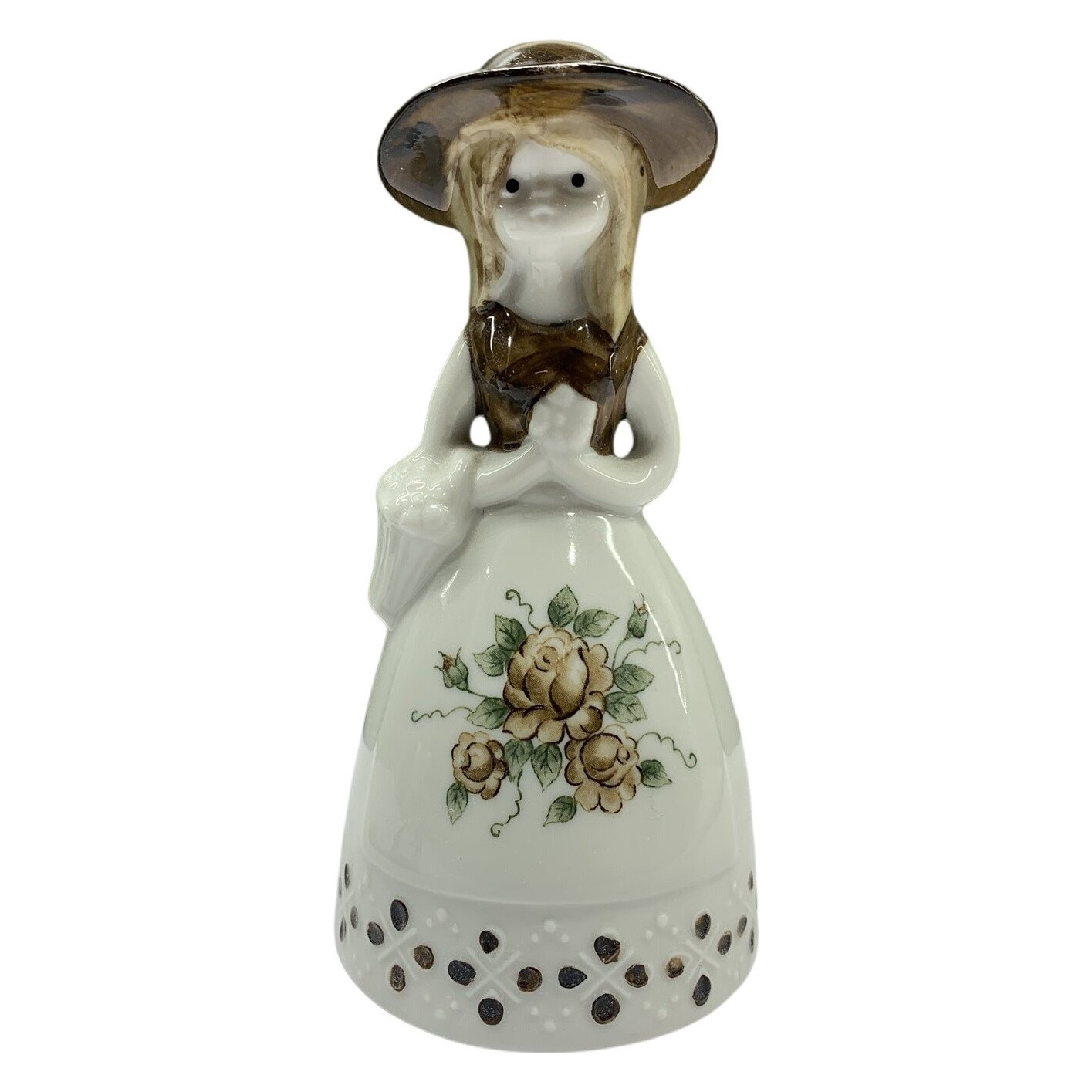 Klocka Flicka Porslin Vintage Blommor Vit Brun Dekorationsfigur Bordsklocka Old