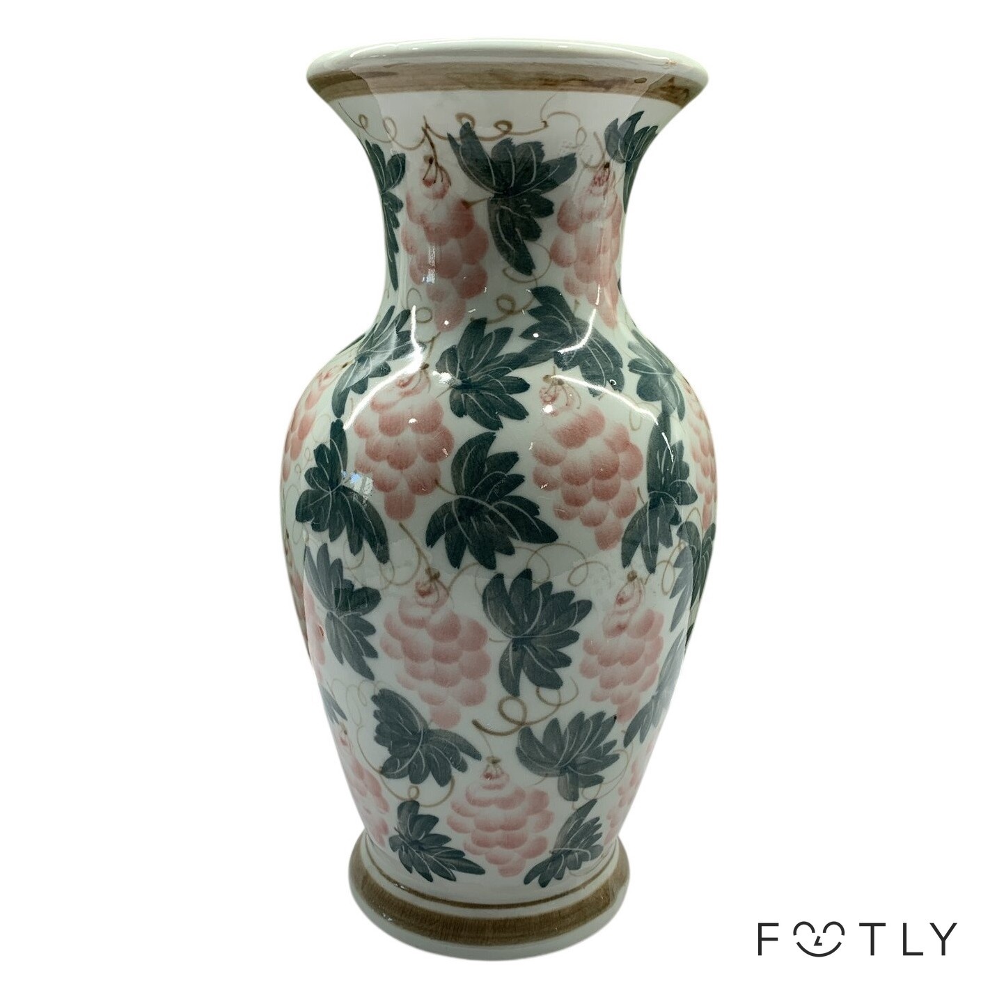 Kinesisk Vas Vintage Porslin Blommor Rosa Grön Handmålad Dekor Orientalisk