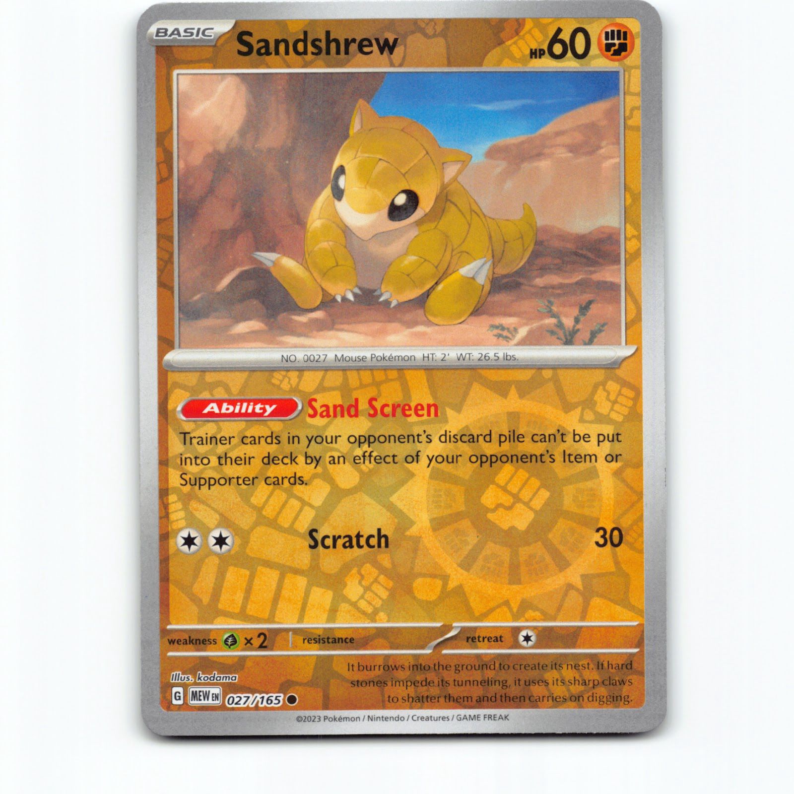 Sandshrew 027/165 Pokémon Reverse Holo MEW EN Scarlet & Violet 151 Pokemon Kort