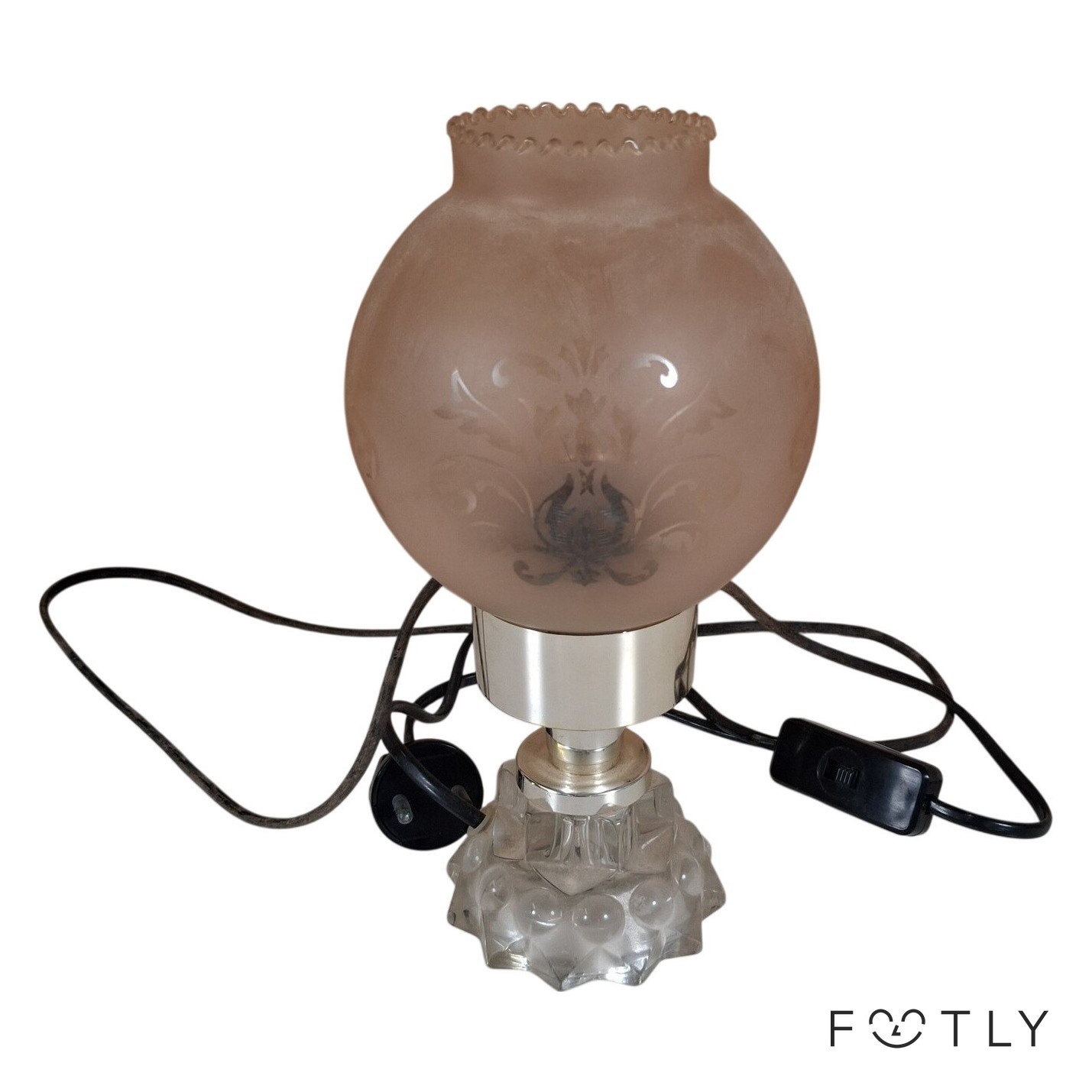 Bordslampa Vintage Glasfot Frostad Kupa Mönstrad Beige Glas Lampa Retro