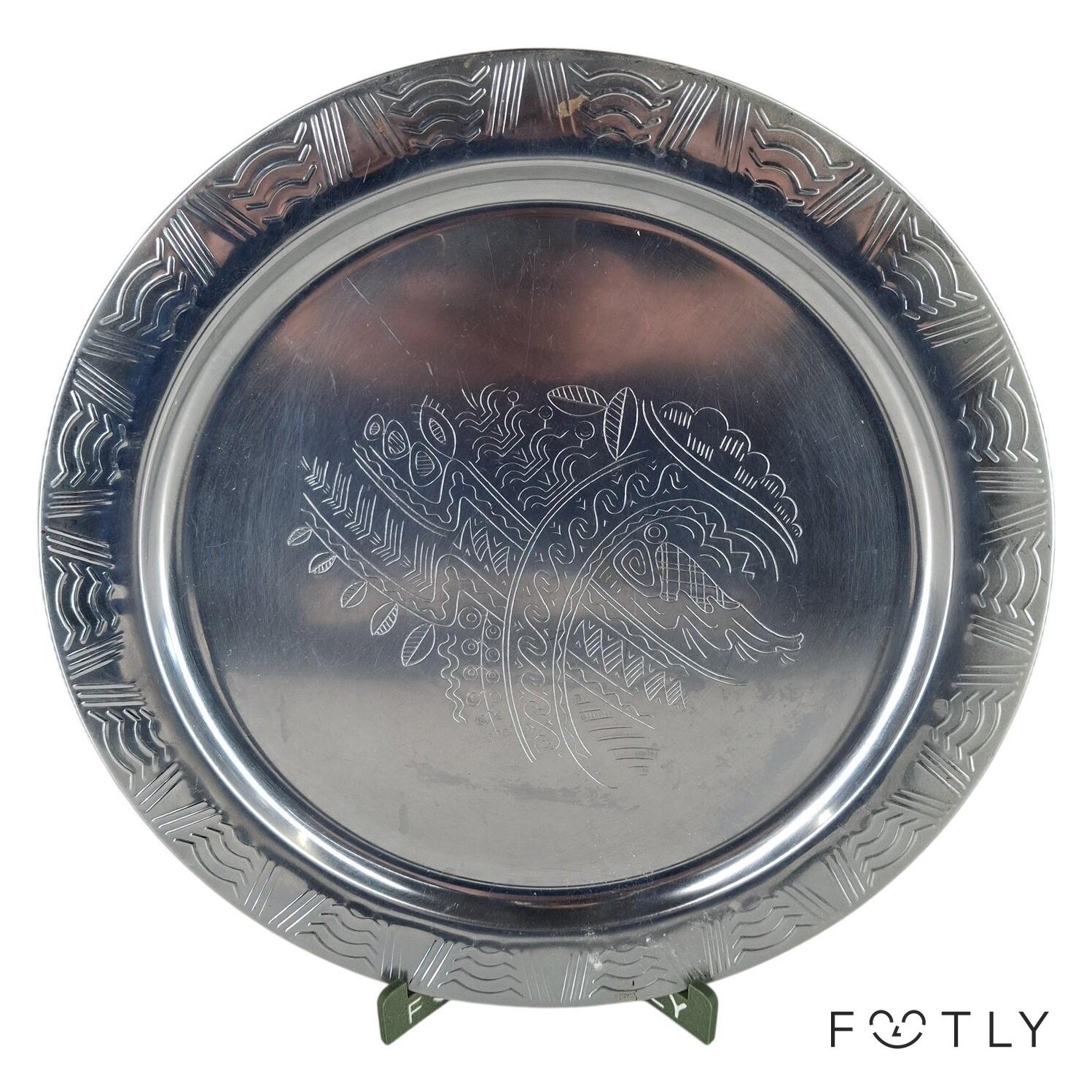 Mitab Fat Crome Plated Made In Sweden Metallfat Graverat Mönster Tallrik Chrome
