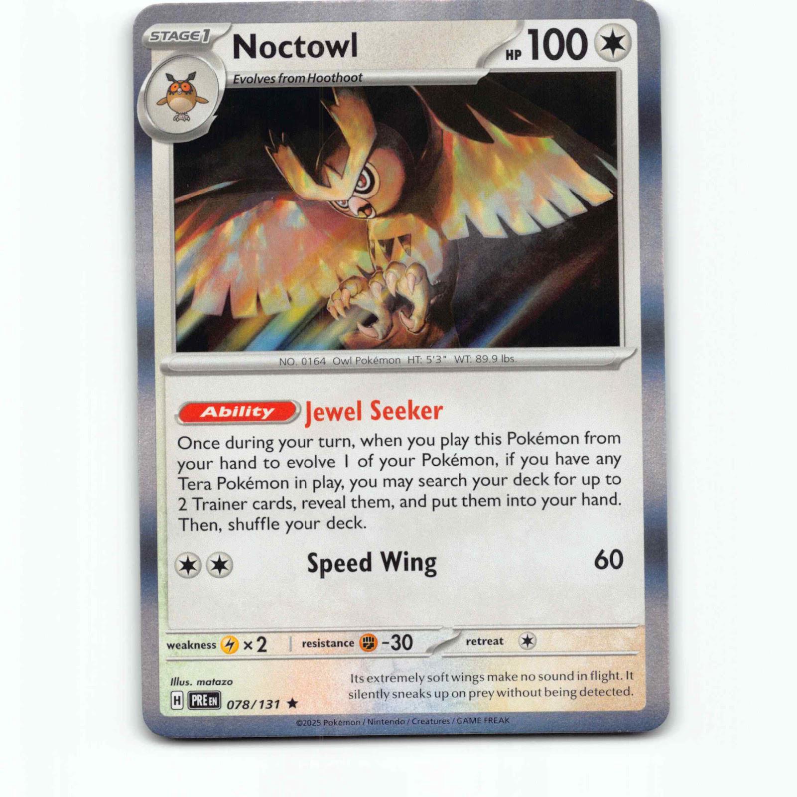 Noctowl 078/131 Pokémon Holo PRE EN Prismatic Evolutions Pokemon Kort Scarlet &