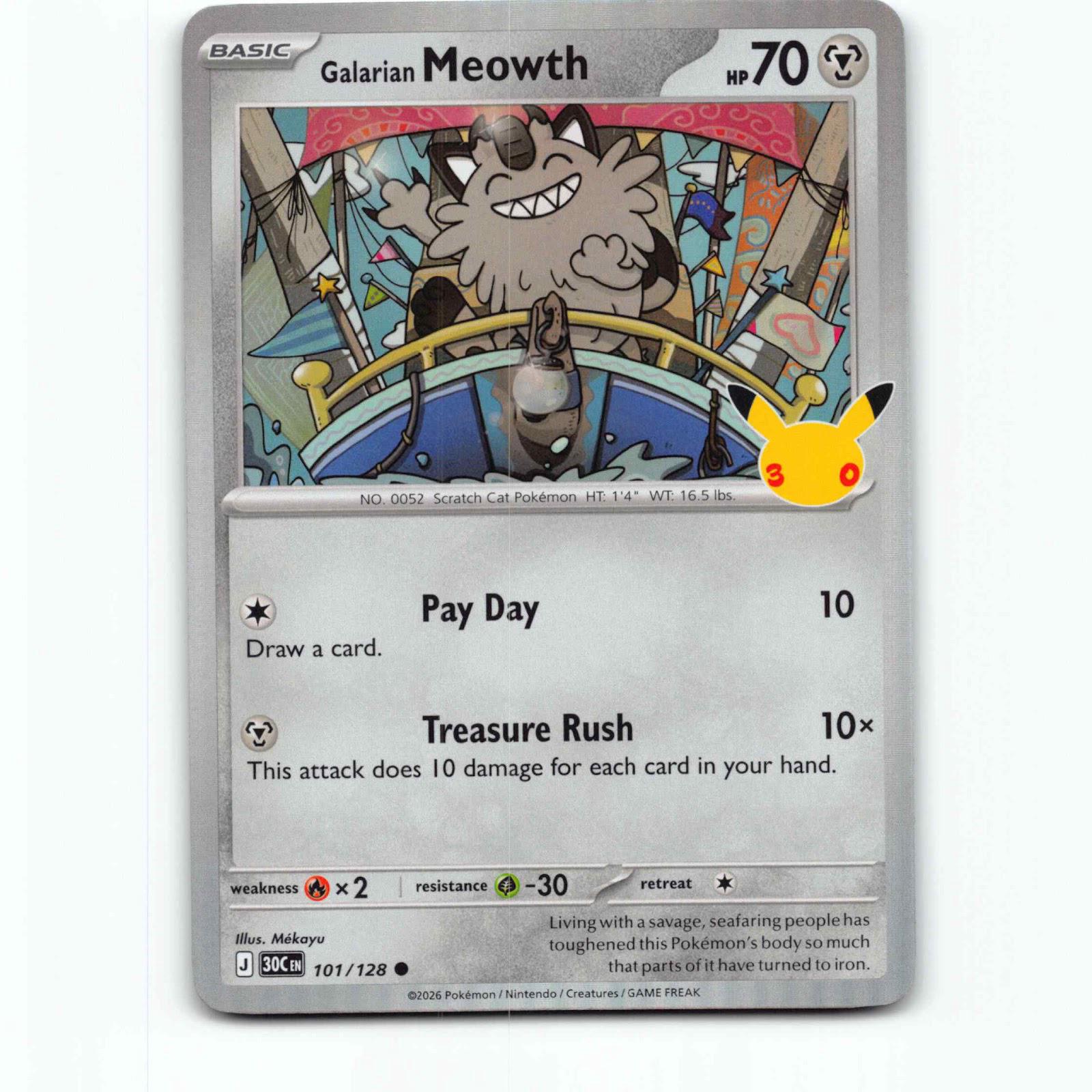 Galarian Meowth 101 Holo Pokémon 30C EN 101/128 30th Celebration Pokemon Kort