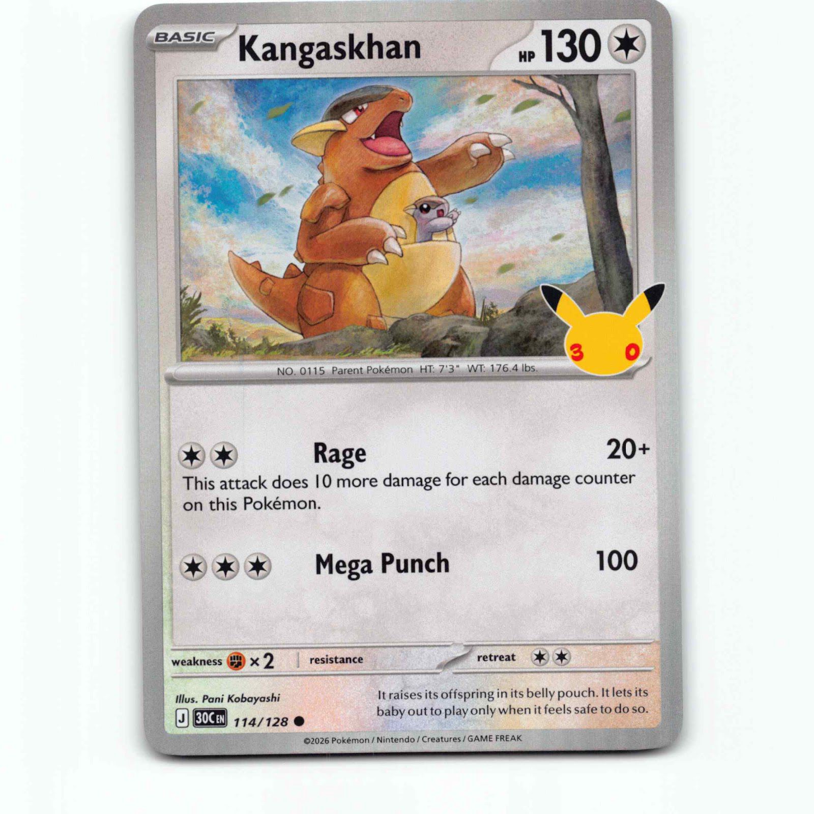 Kangaskhan 114 Holo Pokémon 30C EN 114/128 30th Celebration Pokemon Kort