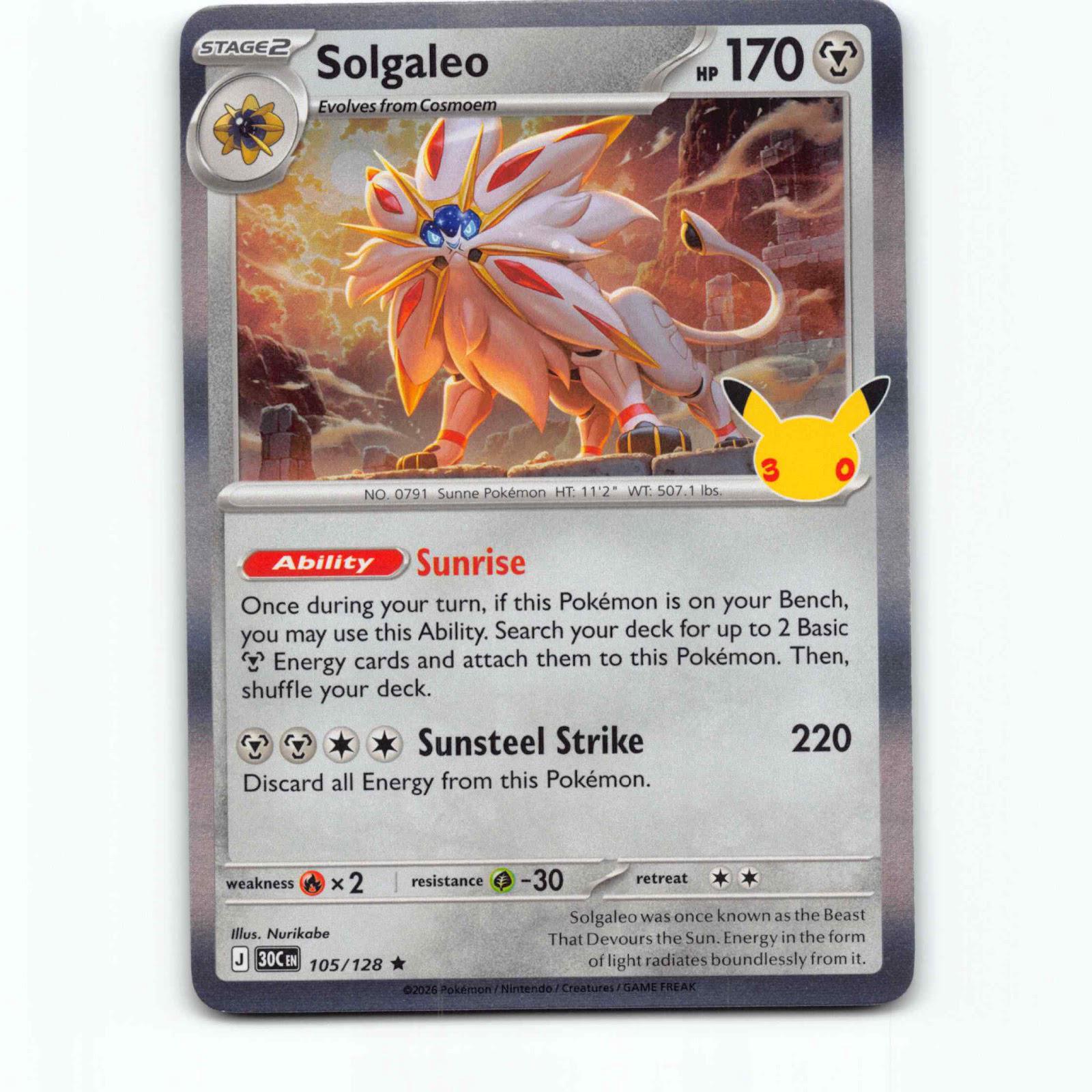 Solgaleo 105 Holo Pokémon 30C EN 105/128 30th Celebration Pokemon Kort