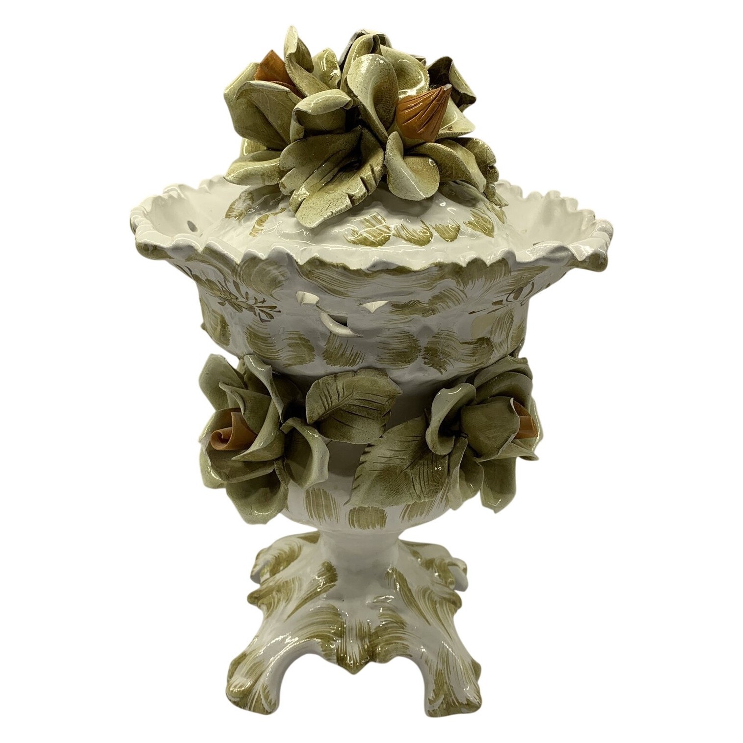 F.F. Pigato M. Italy Lockskål på Fot Blommor Porslin Vit Grön Retro Vintage