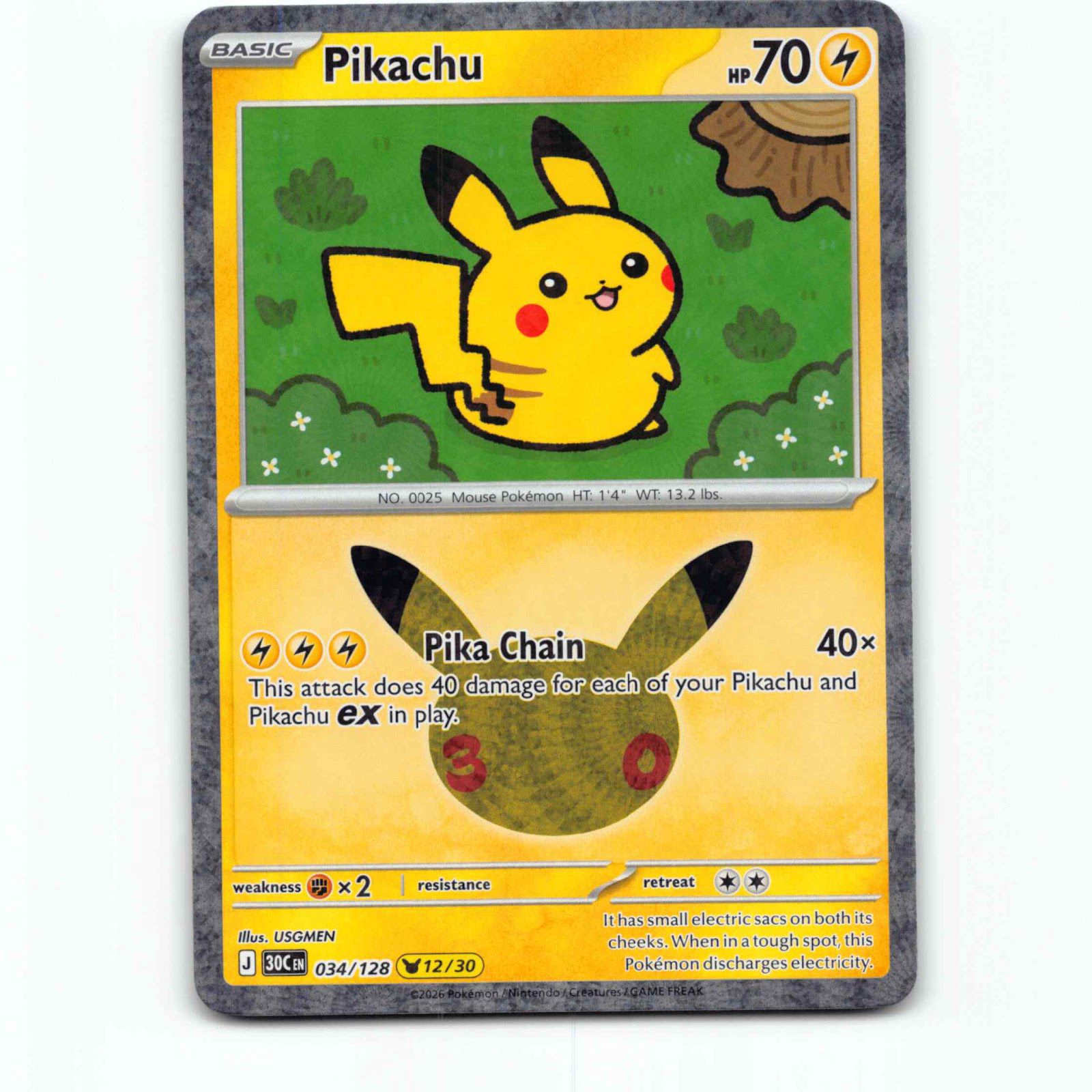 Pikachu 34 30th Celebration 12/30 Holo Pokémon 30C EN 034/128 Mega Evolution