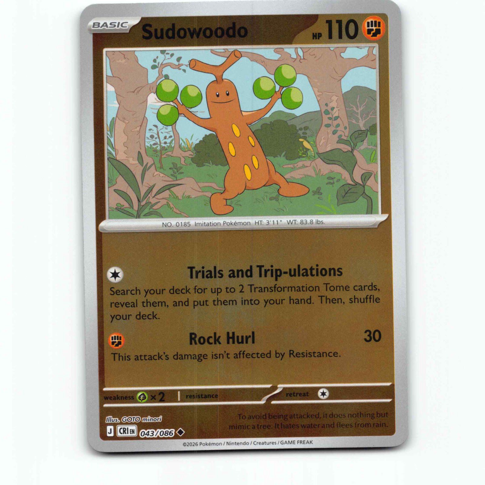 Sudowoodo 43 Reverse Holo Pokémon CRI EN 043/086 Chaos Rising Pokemon Kort