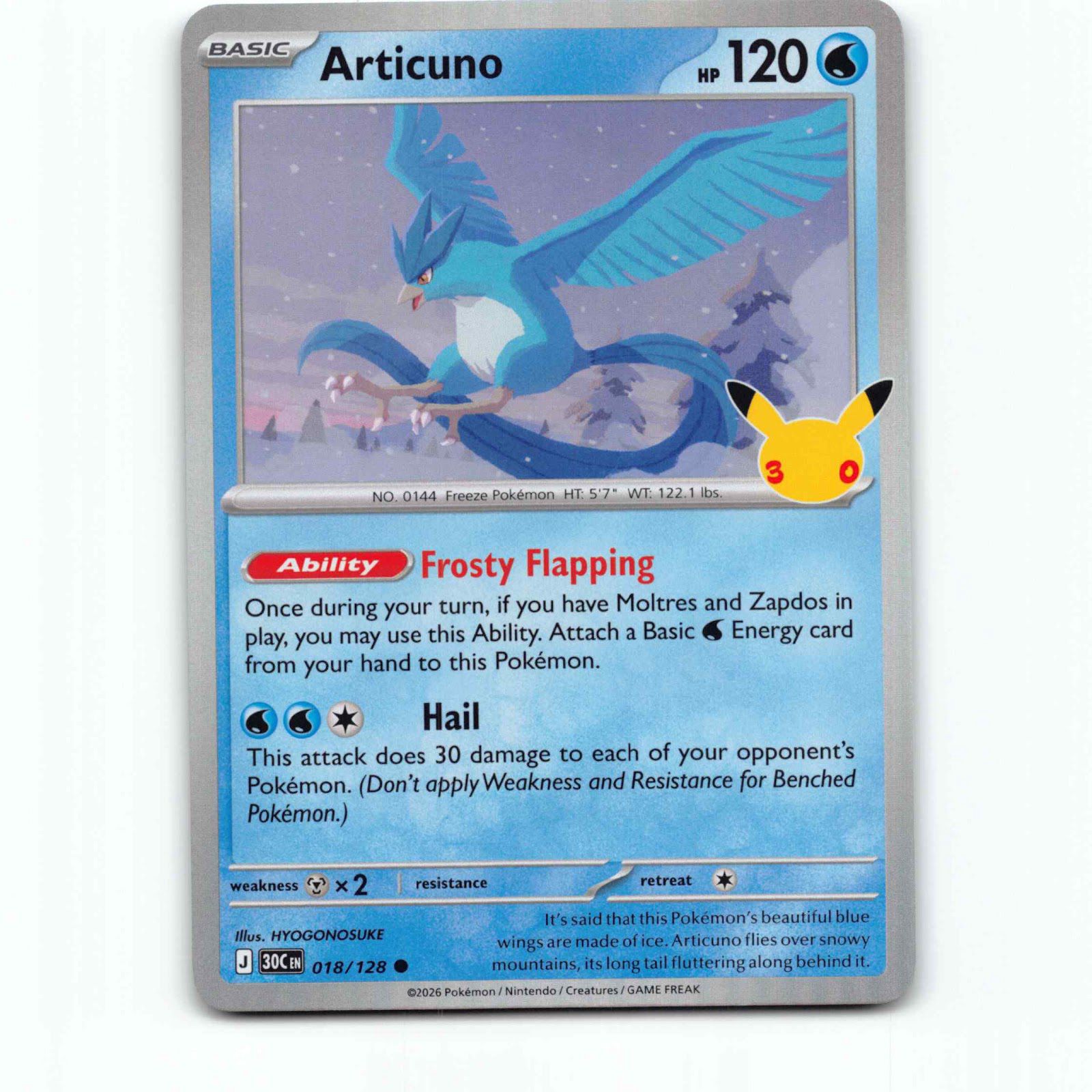 Articuno 18 Holo Pokémon 30C EN 018/128 30th Celebration Pokemon Kort