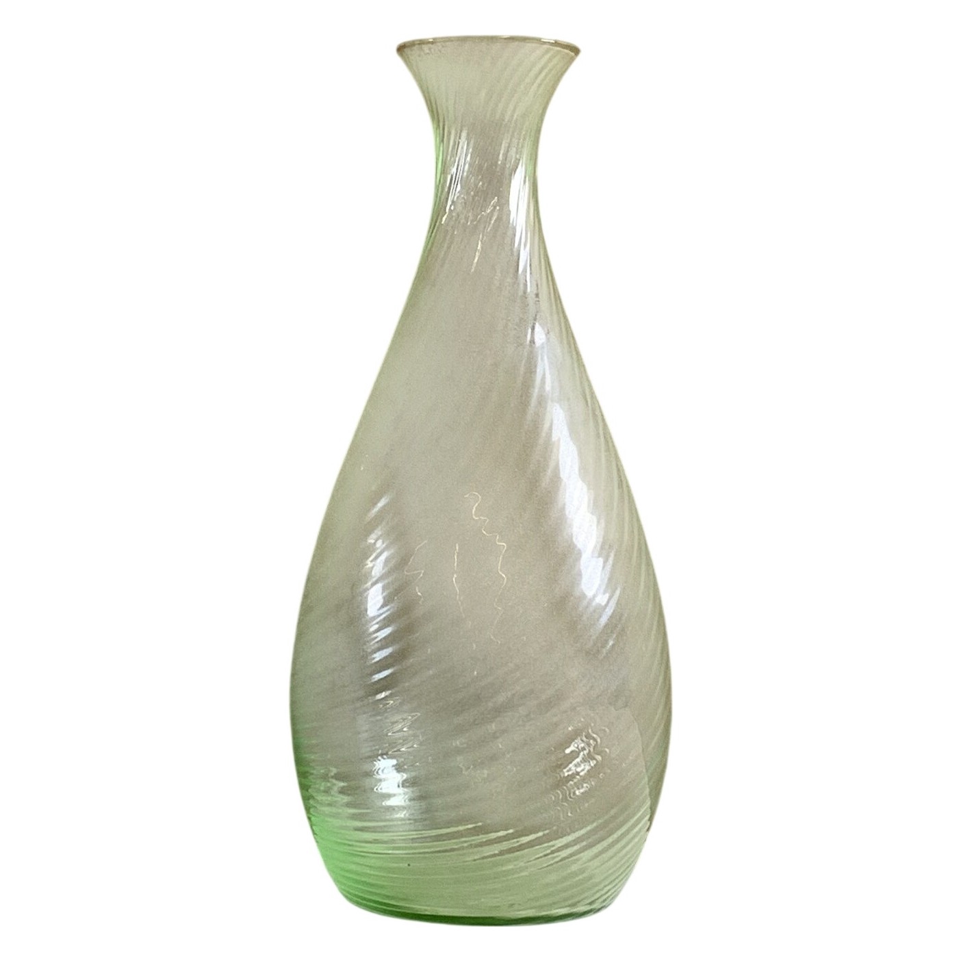 Vas Glas Grön Spiral Mönster Retro Dekor Vriden Handblåst Antik Karaff Vintage