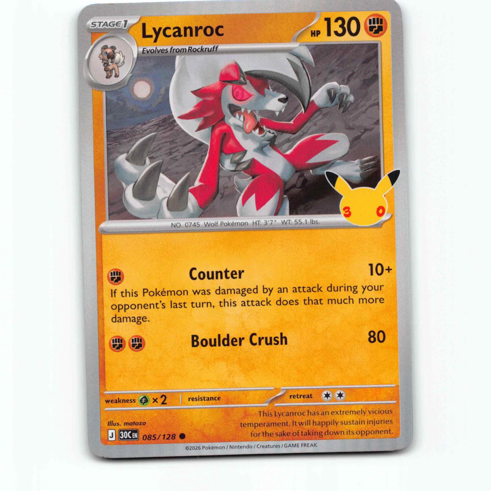 Lycanroc 85 Holo Pokémon 30C EN 085/128 30th Celebration Pokemon Kort