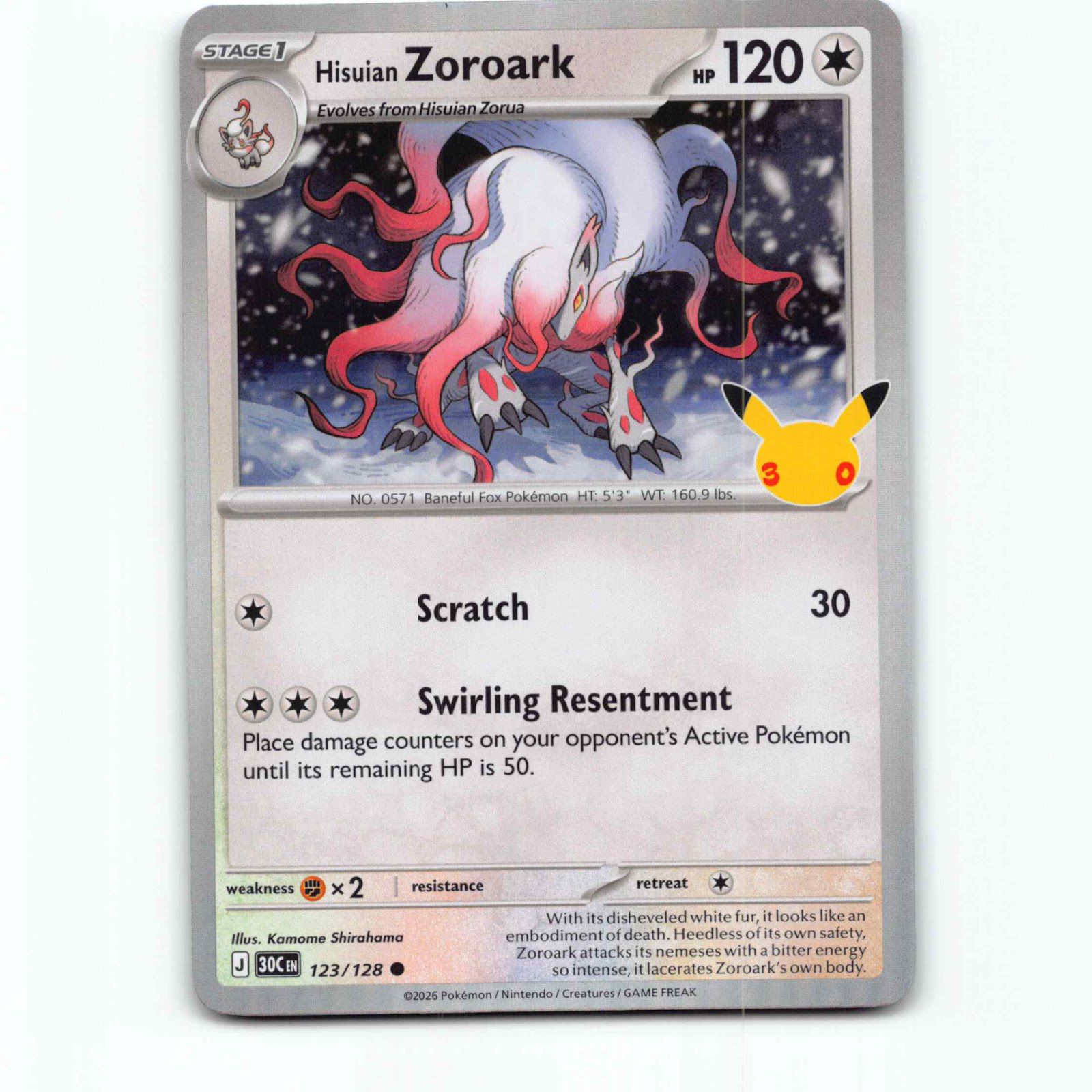 Hisuian Zoroark 123 Holo Pokémon 30C EN 123/128 30th Celebration Pokemon Kort