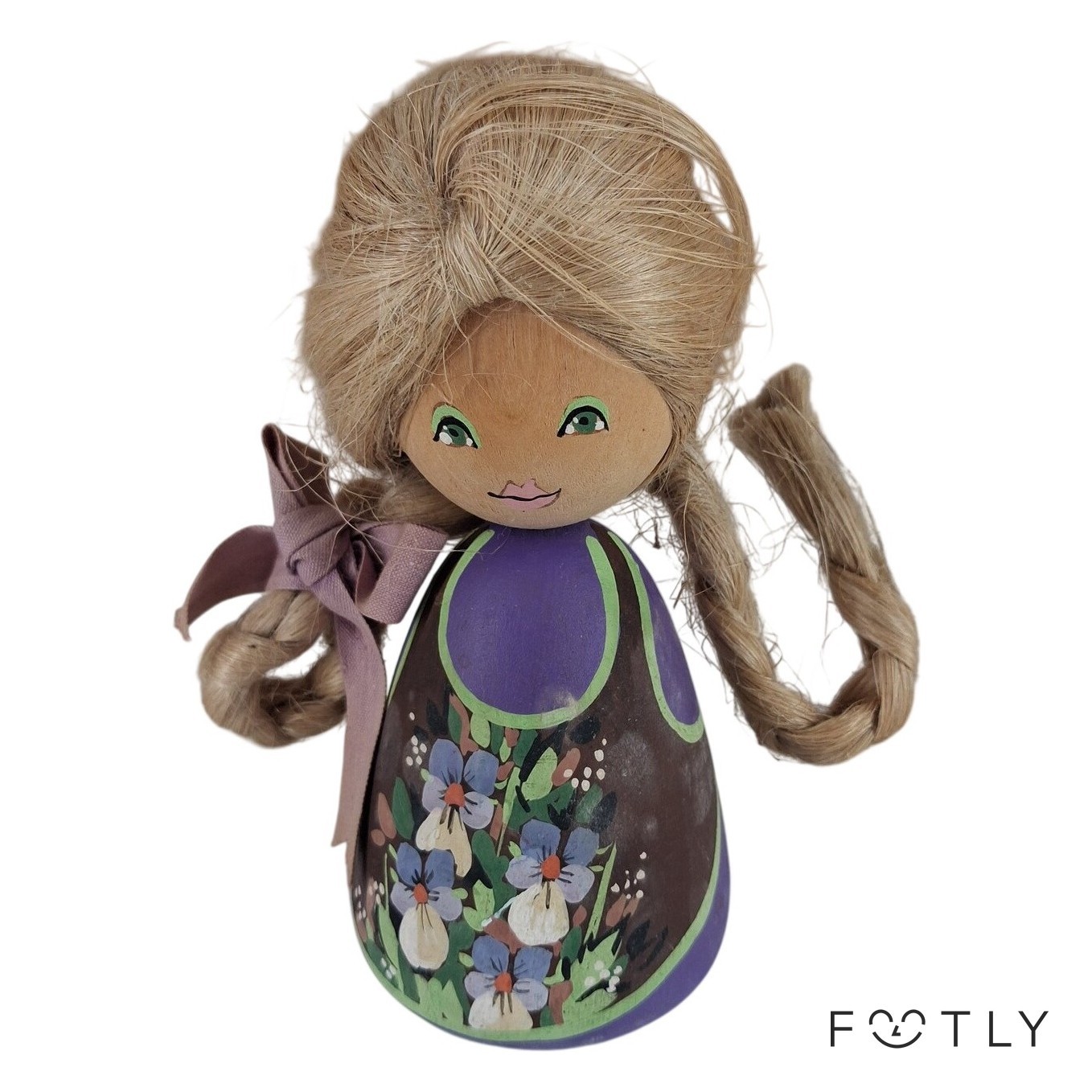 Barbro Lundberg Sweden Docka Trä Handmålad Vintage Lila Blommor Trädocka Retro