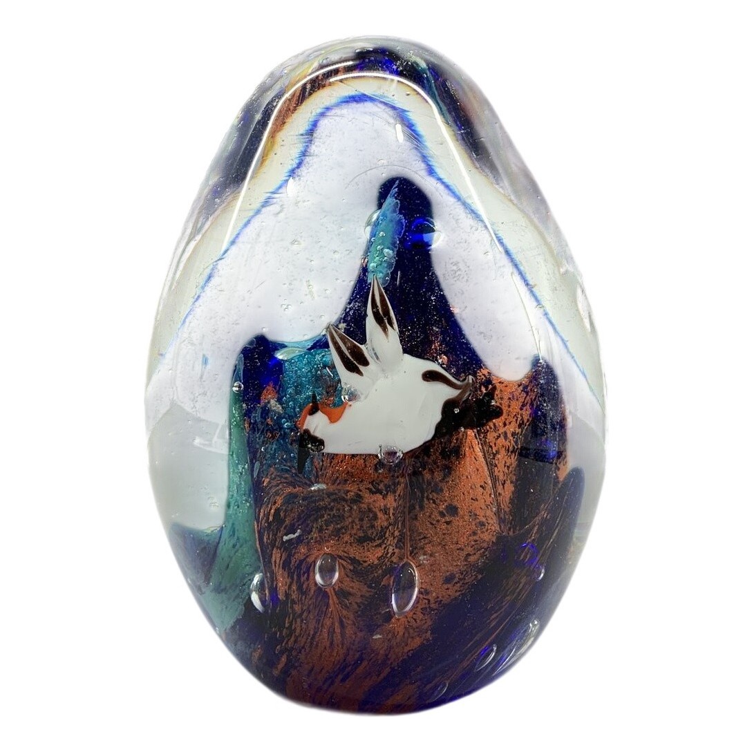 Glasägg Fågel Motiv Konstglas Blå Orange Pappersvikt Dekoration Vintage