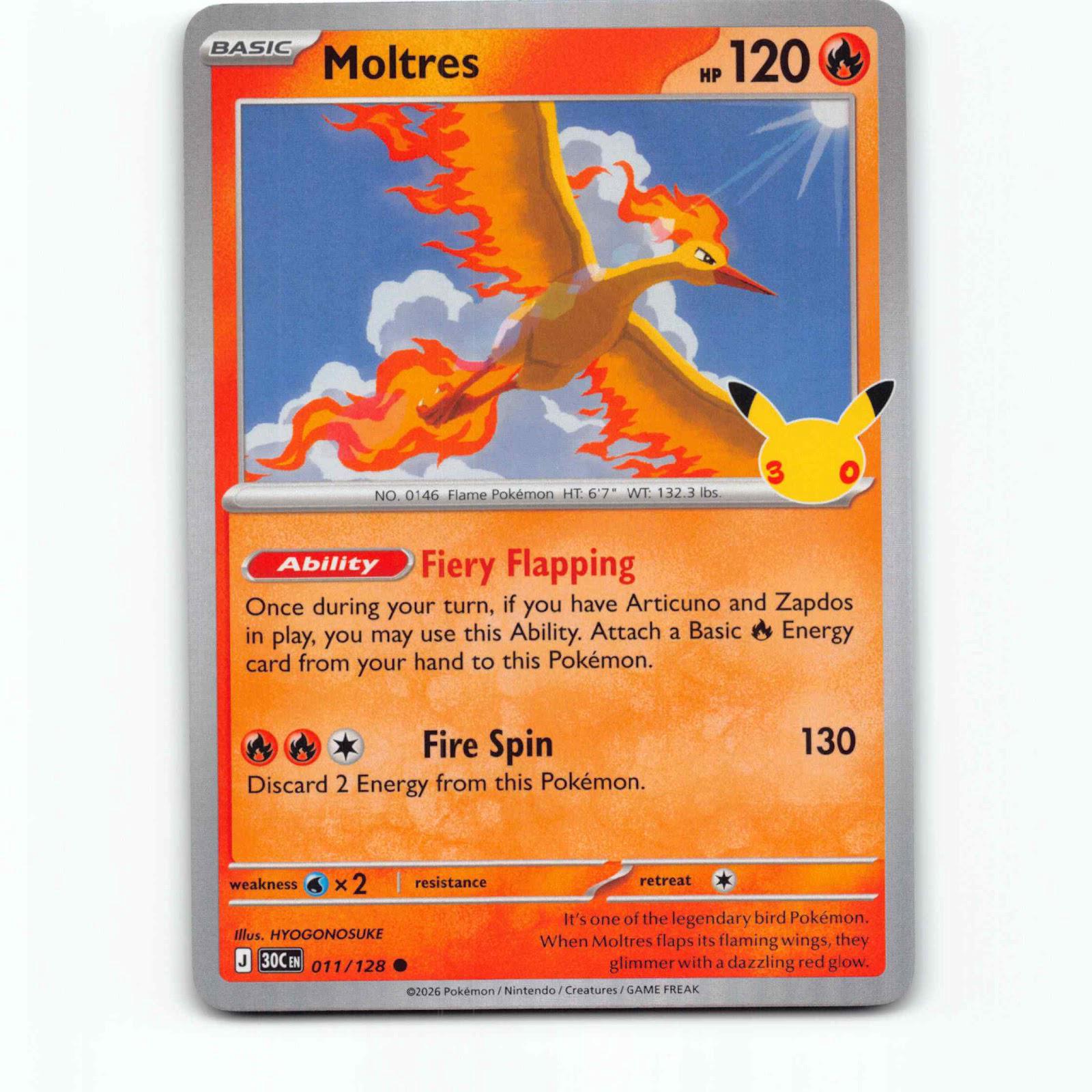 Moltres 11 Holo Pokémon 30C EN 011/128 30th Celebration Pokemon Kort