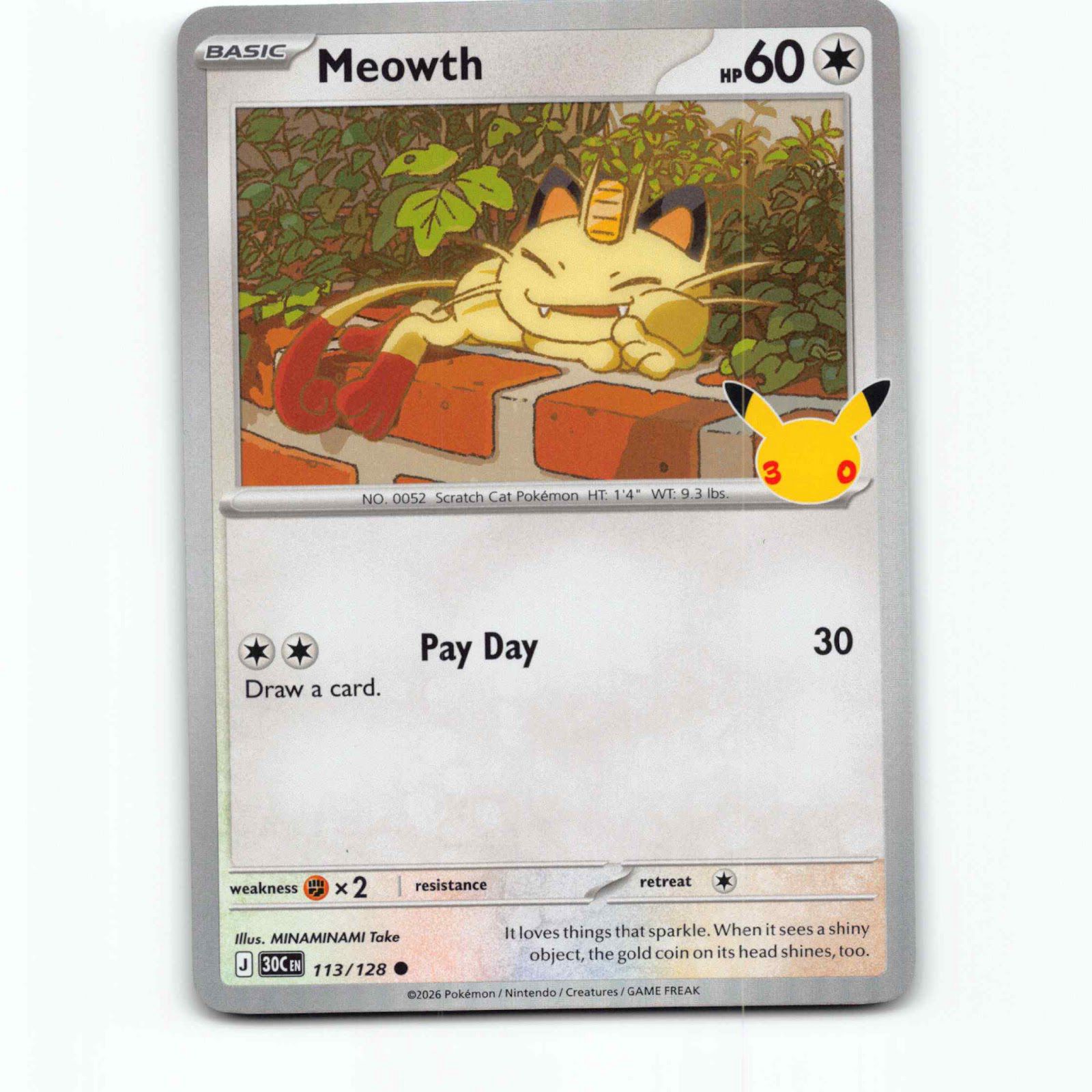 Meowth 113 Holo Pokémon 30C EN 113/128 30th Celebration Pokemon Kort