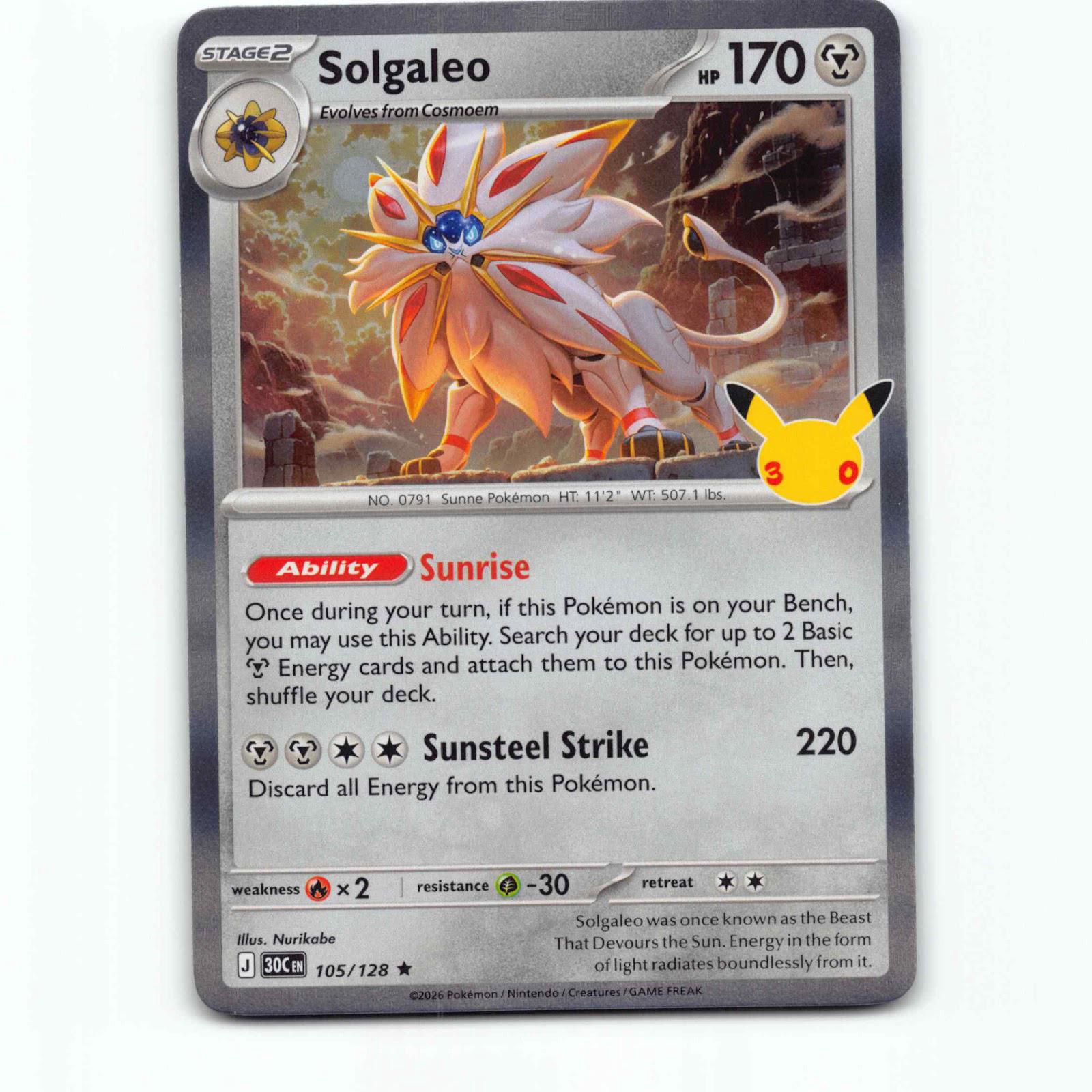 Solgaleo 105 Holo Pokémon 30C EN 105/128 30th Celebration Pokemon Kort