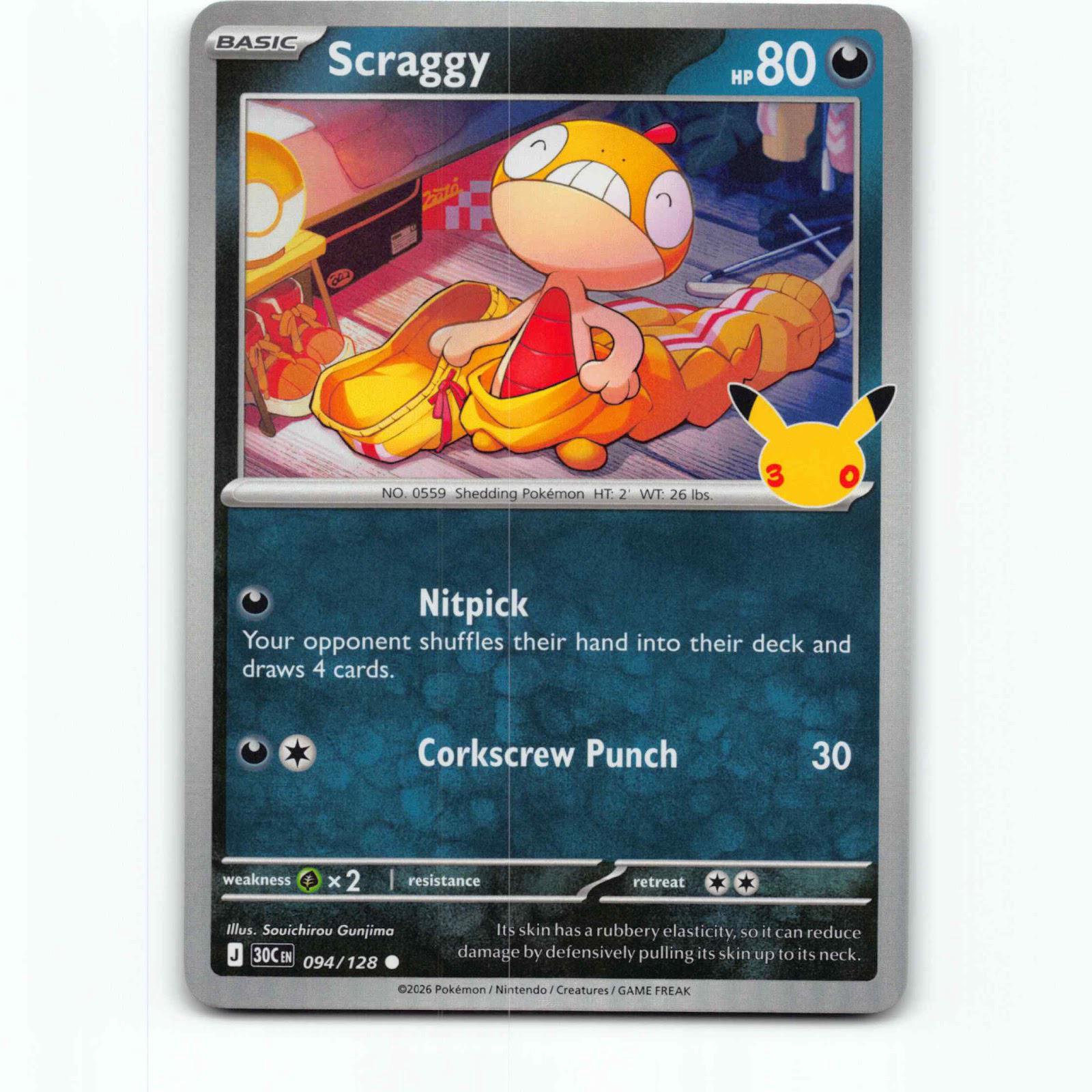 Scraggy 94 Holo Pokémon 30C EN 094/128 30th Celebration Pokemon Kort
