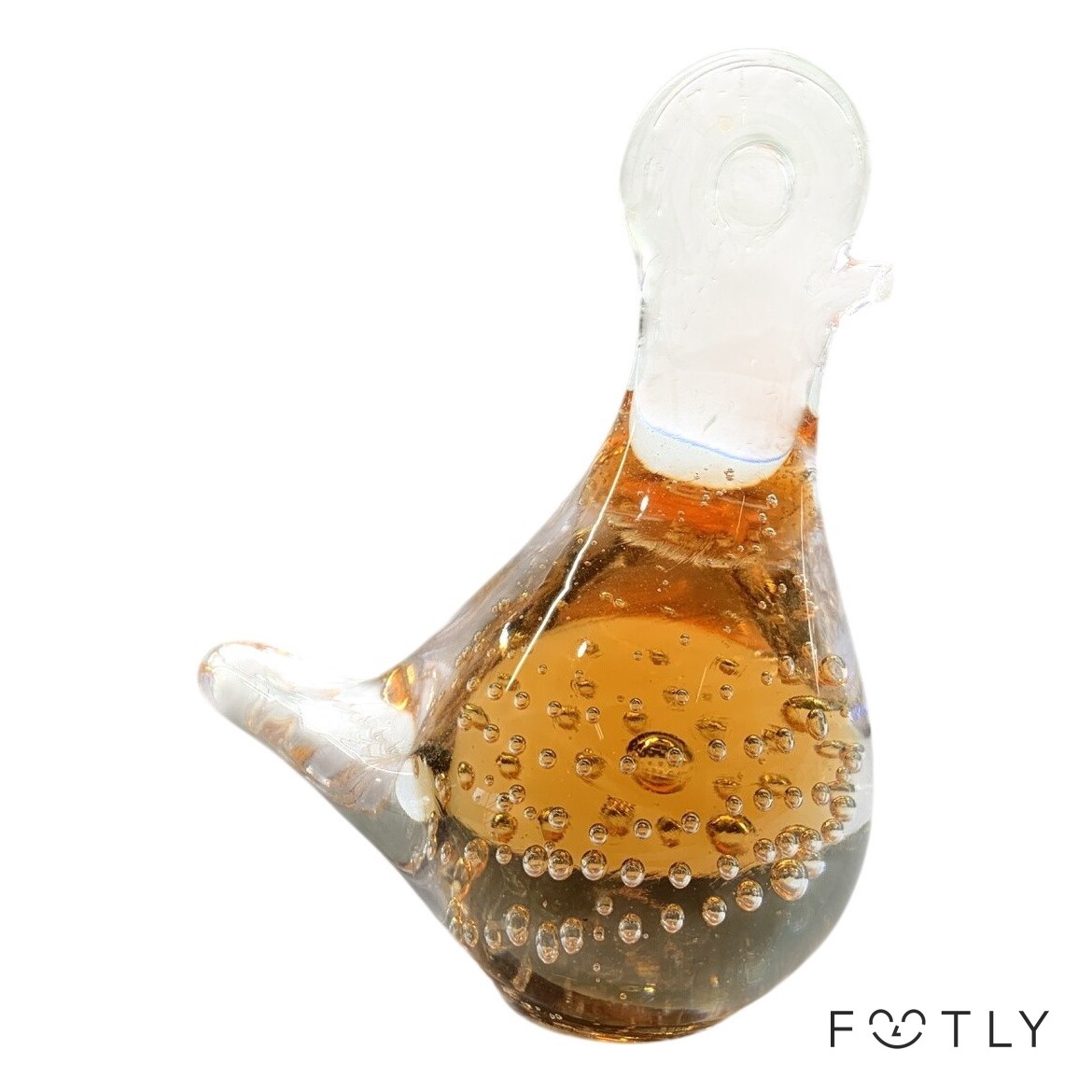 Fågel Glas Bubblor Orange Skulptur Pappersvikt Konstglas Vintage Bärnstensfärgad