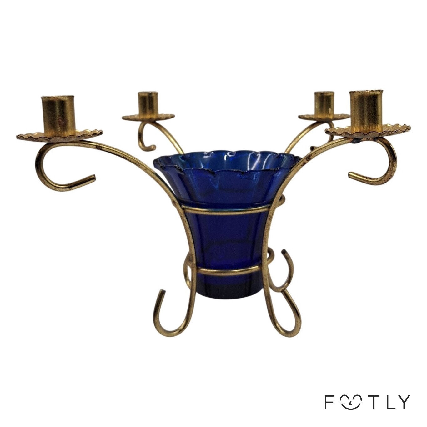Ljusstake Blå Glas Mässing Fyrarmad Vintage Ljushållare Vasinsats Gustaviansk
