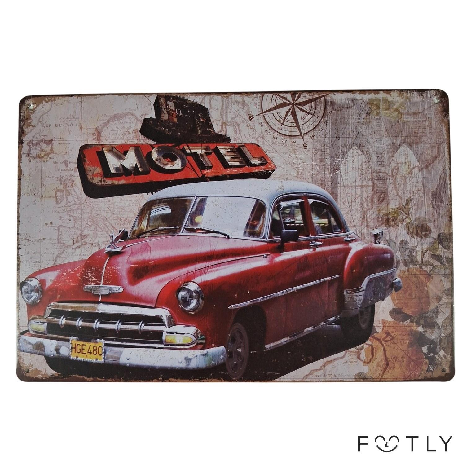 Metallskylt Vintage Motel Bil Röd Plåtskylt Retro Dekor Väggskylt Garage