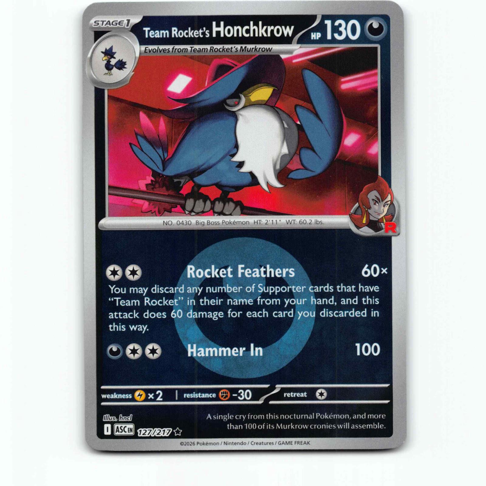 Team Rocket's Honchkrow 127 Reverse Holo Energy Ball Pokémon ASC EN 127/217