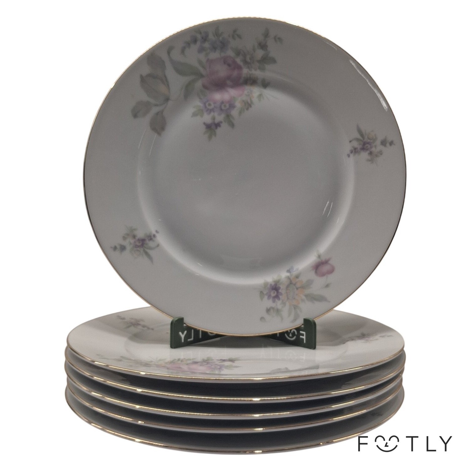 Bohemia 6 st Tallrikar 25 cm Porslin Blommor Gulddekor Tjeckoslovakien Tallrik