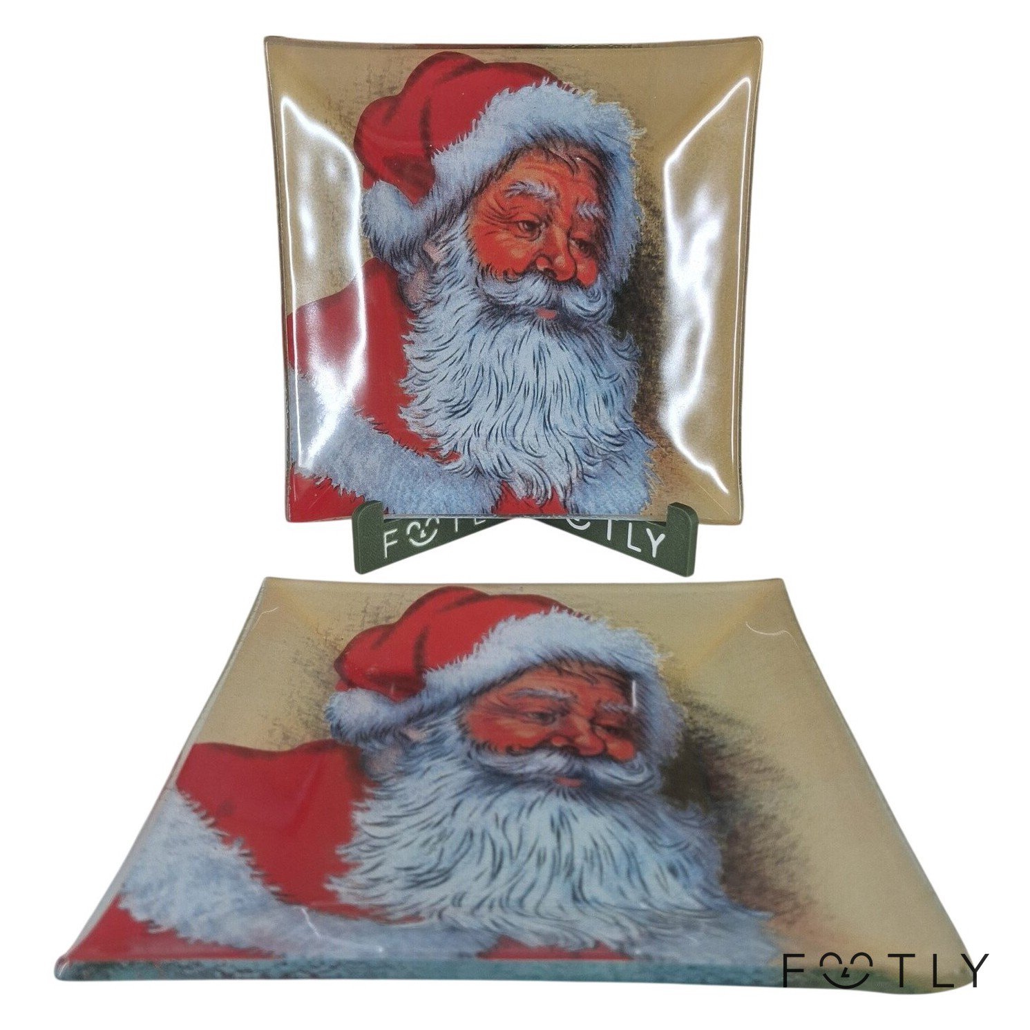 2 st Fyrkantiga Fat Tomte Julmotiv Glas Julfat Tallrik Röd Vit Retro
