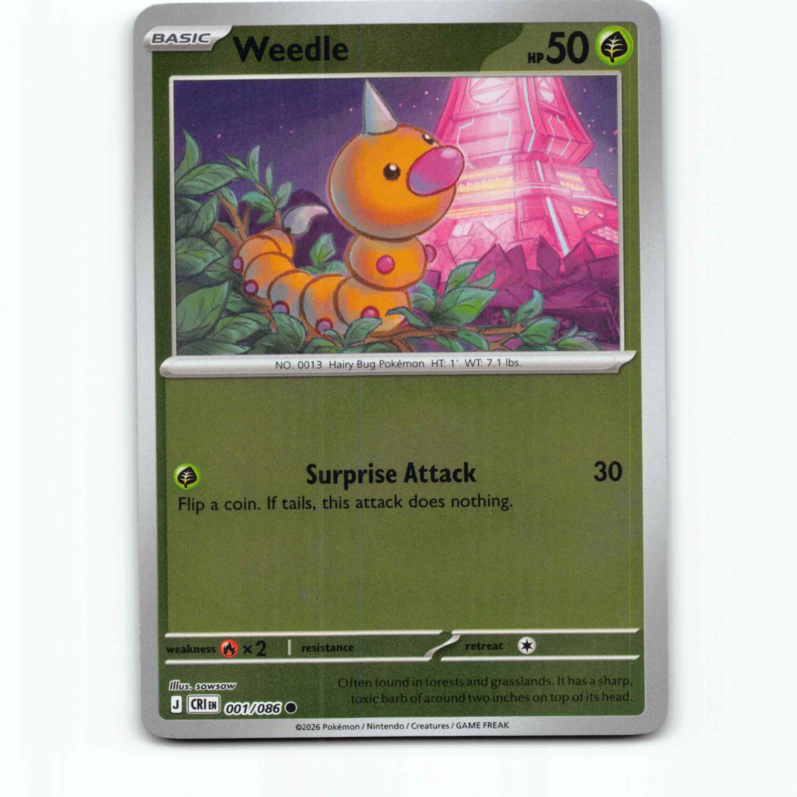 Weedle 1 Reverse Holo Pokémon CRI EN 001/086 Chaos Rising Pokemon Kort