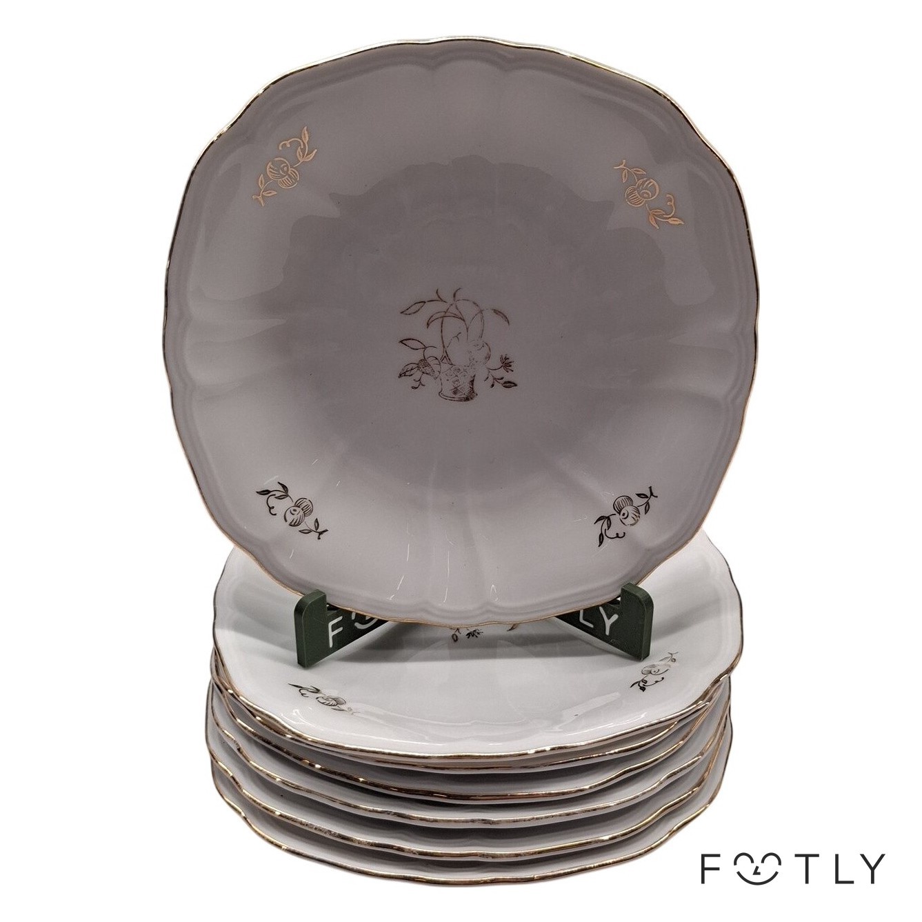 7 st Assietter Porslin Vit Gulddekor Blommor Vintage Tallrik Dessertfat