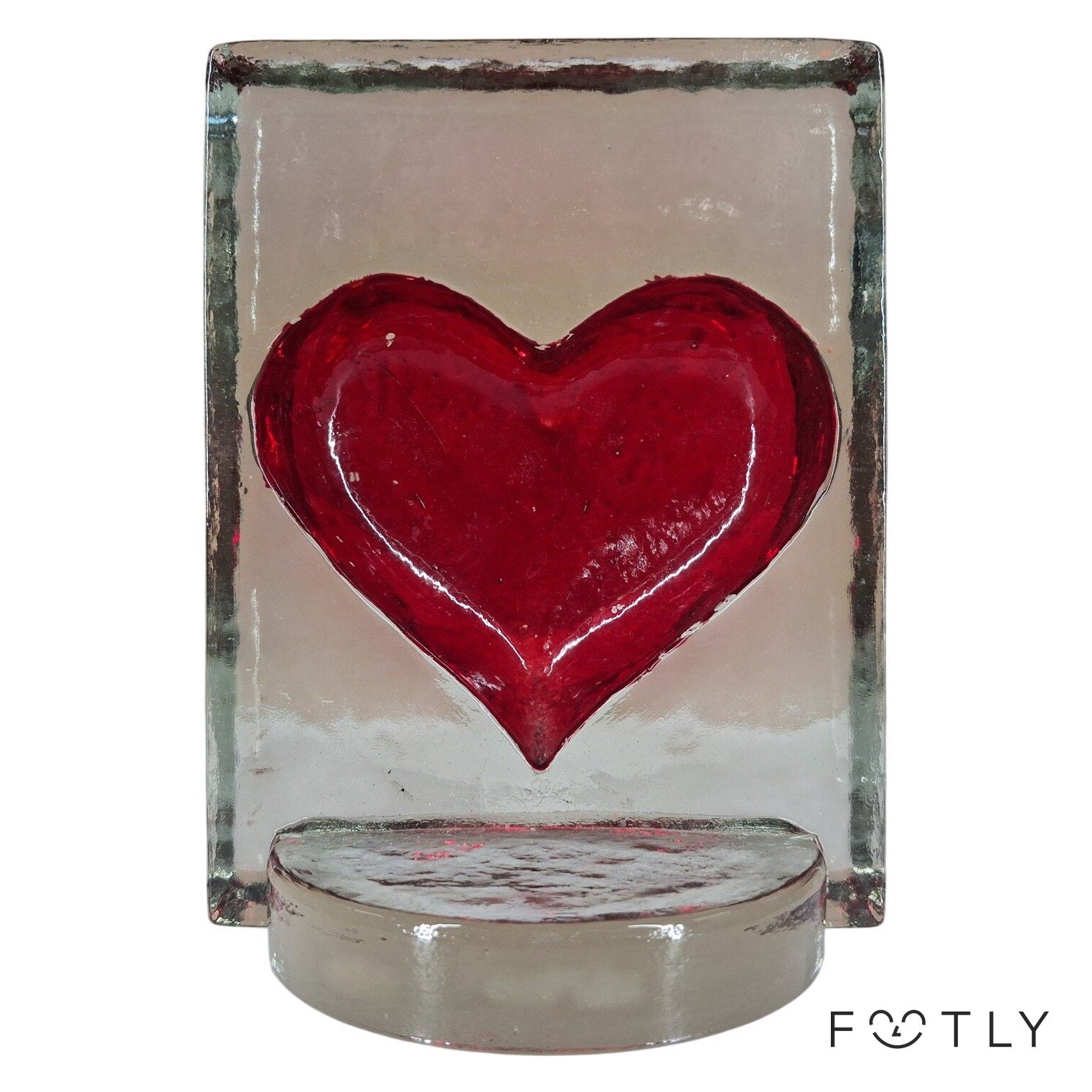 Glasblock Hjärtformad Röd Klarglas Skulptur Retro Konstglas