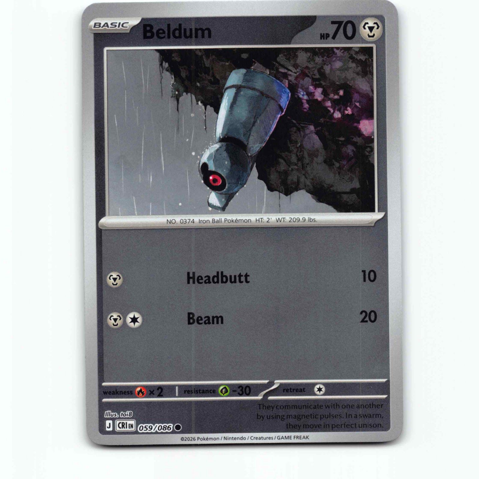Beldum 59 Reverse Holo Pokémon CRI EN 059/086 Chaos Rising Pokemon Kort