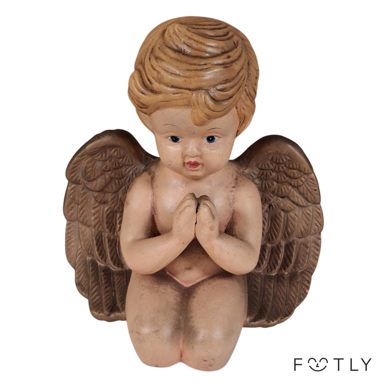 Ängel Knästående Figur Keramik Brun Beige Barn Ansikte Praying Angel