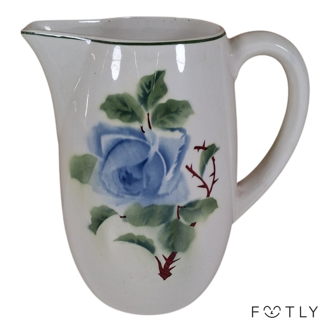 Kanna Vintage Blå Ros Blad Vit Porslin Tillbringare Blommig Mjölkkanna Retro
