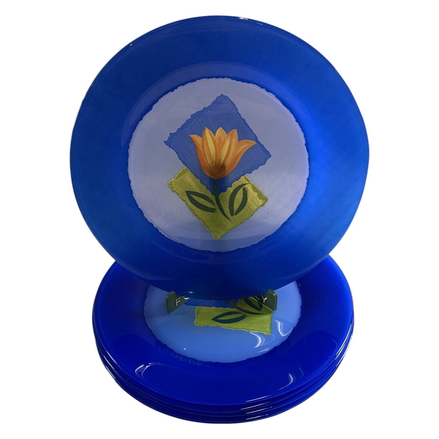 6 st Tallrikar Blå Glas Blommor Dekor Färgglad Retro Stil Konstglas