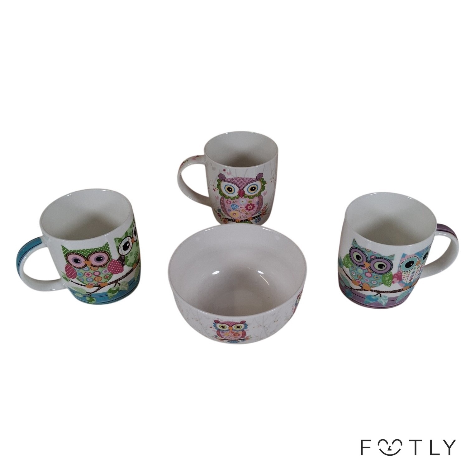 Siaki Muggar & Skål 4-delar Uggla Mönster Porslin Kopp Mugg Frukostskål Design