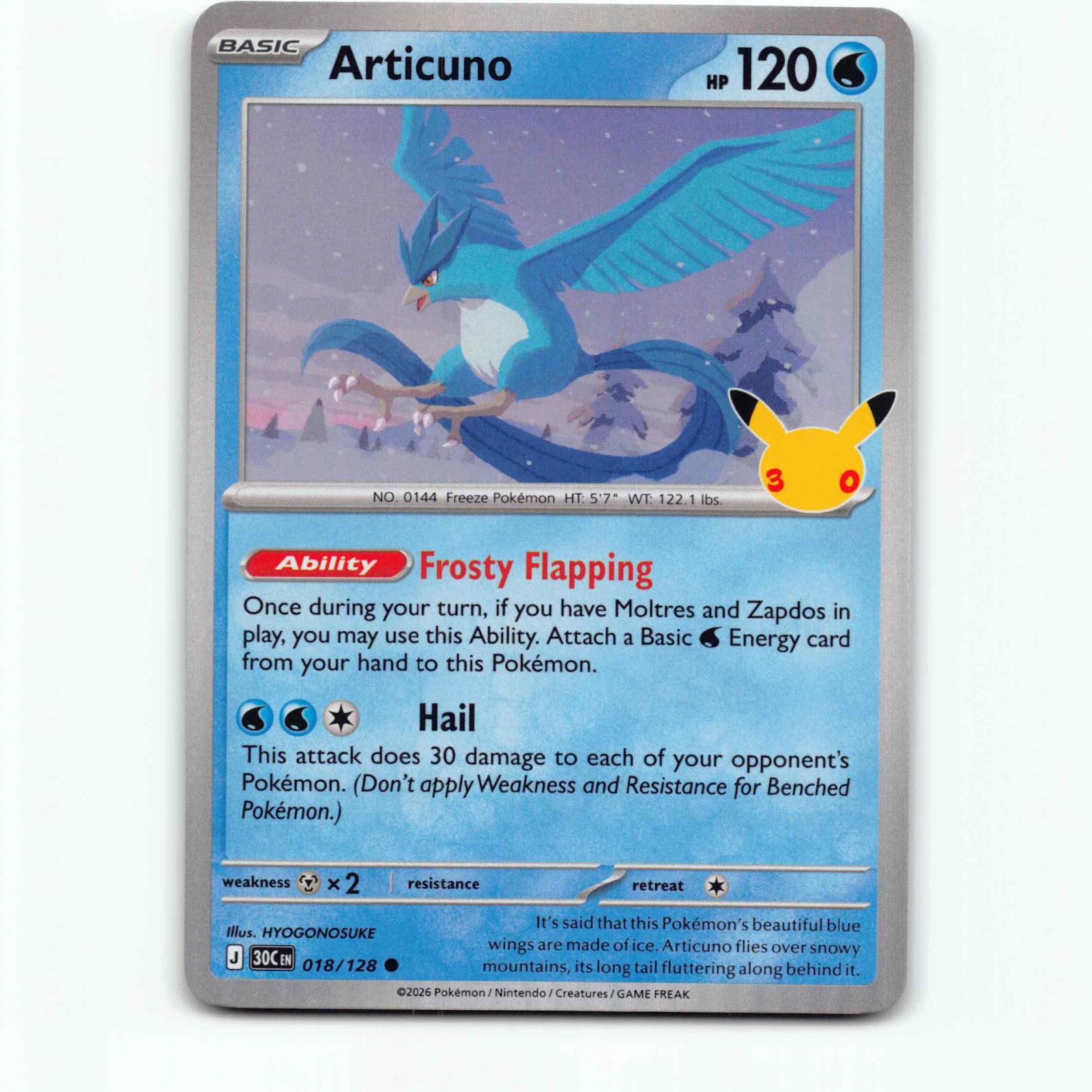 Articuno 18 Holo Pokémon 30C EN 018/128 30th Celebration Pokemon Kort
