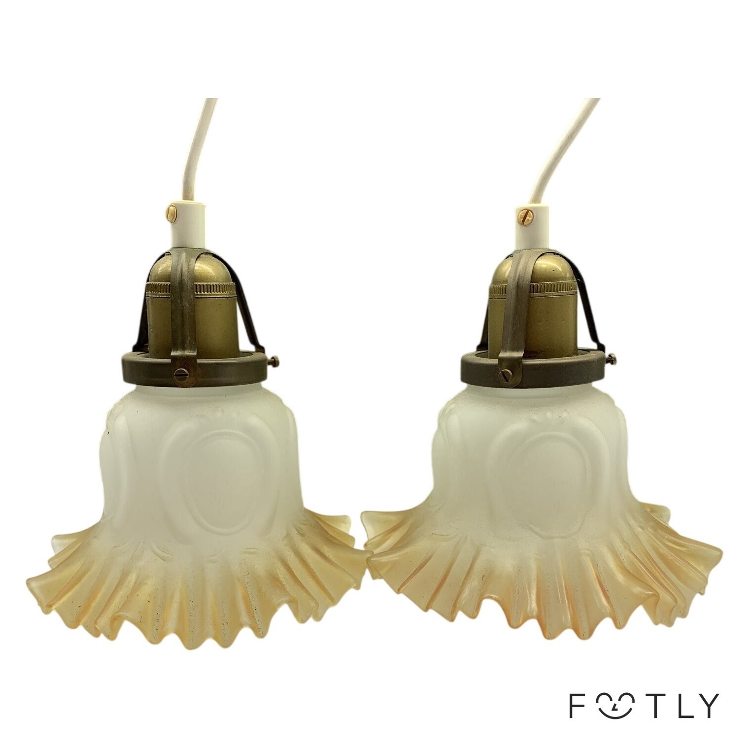 2 st Fönsterlamapor Vintage Glas Mässing Bärnstensfärgad Lampa Art Deco