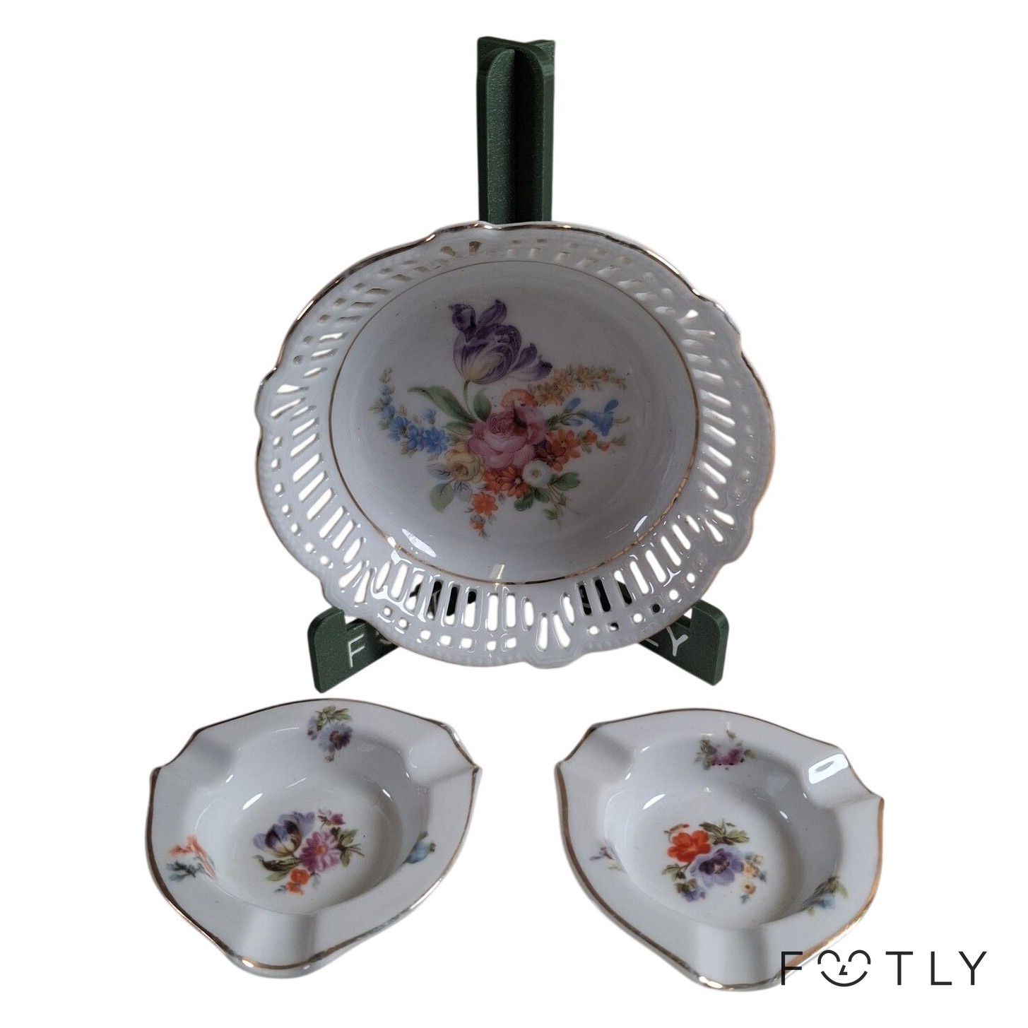 3 st Skålar Askfat Porslin Blommor Vit Gulddekor Vintage Fat Askkopp Retro