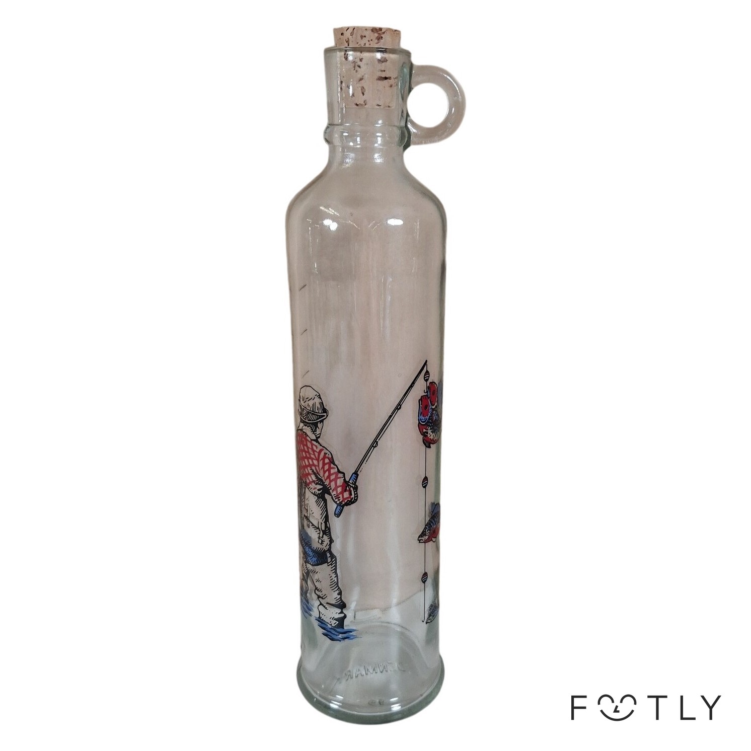 Flaska Glas Fiskare Dekor Kork Denmark Vintage Fiskmotiv Butelj Retro