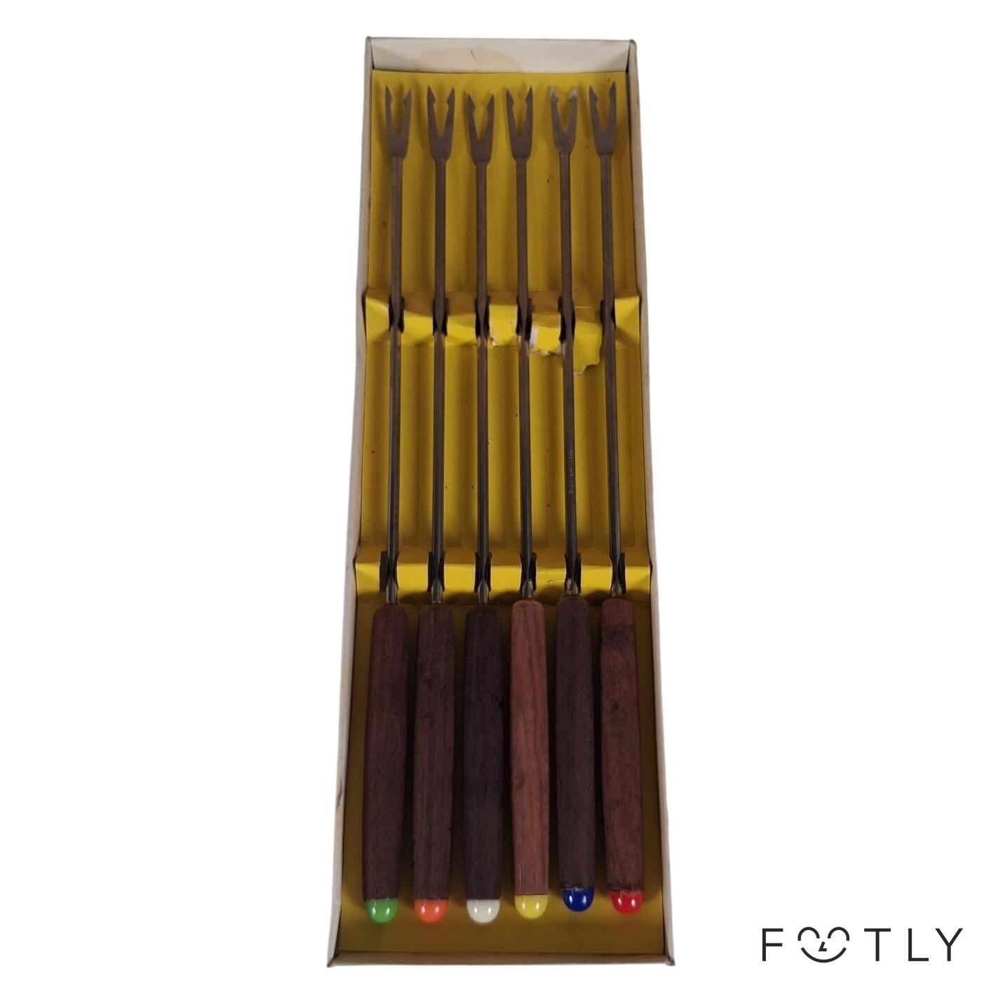 6 st Fonduegafflar Vintage Rostfritt Stål Japan Trähandtag Färgade Retro Import