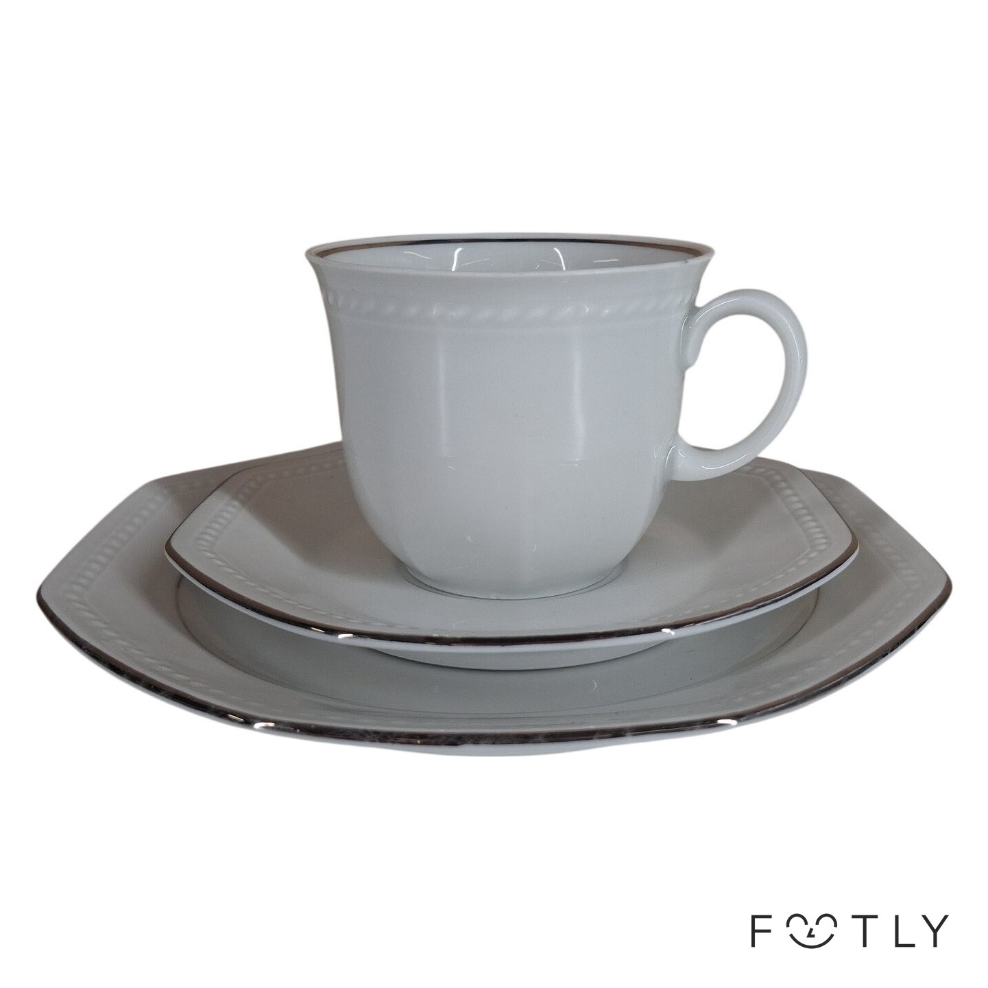 Schirnding Bavaria 323 Kaffekopp Fat Assiett 3 Delar Vit Silverkant Porslin