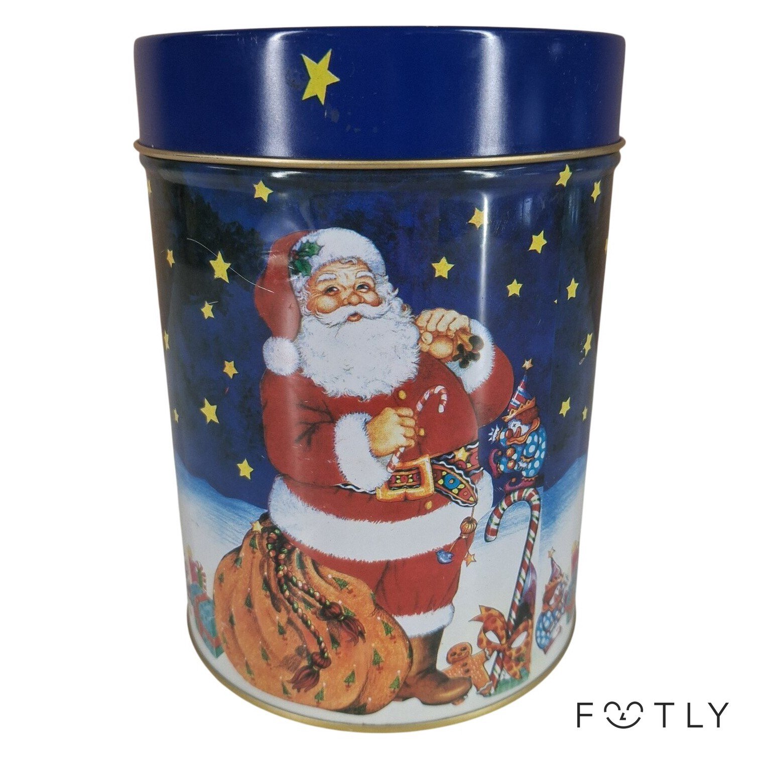 Plåtburk Julmotiv Tomte Blå Gul Stjärnor Vintage Plåtask Förvaring Lock