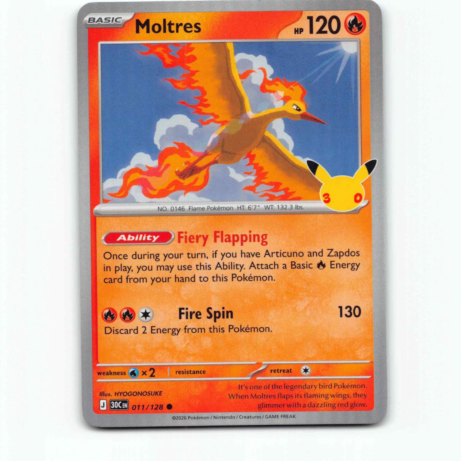 Moltres 11 Holo Pokémon 30C EN 011/128 30th Celebration Pokemon Kort