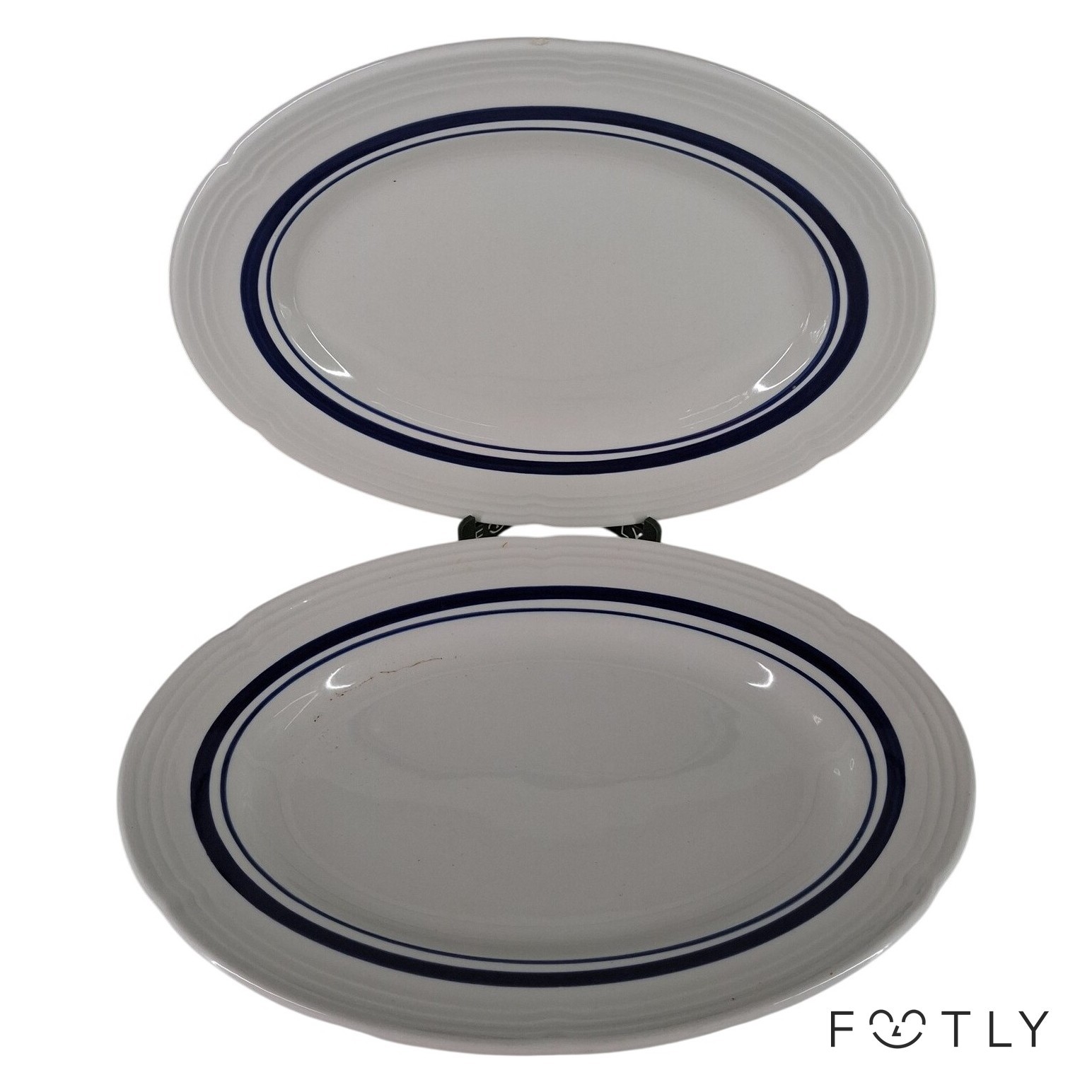 2 st Ceramica Uppläggningsfat Ovalt Blå Rand Porslin Serveringsfat Made In Italy