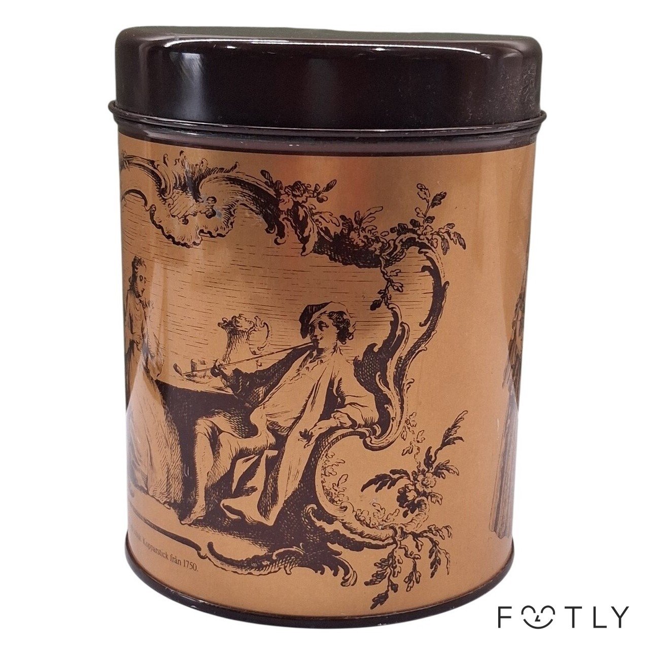 Plåtburk Vintage Kaffe Tobak Kopparstick 1700-tal Brun Metall Burk Förvaring