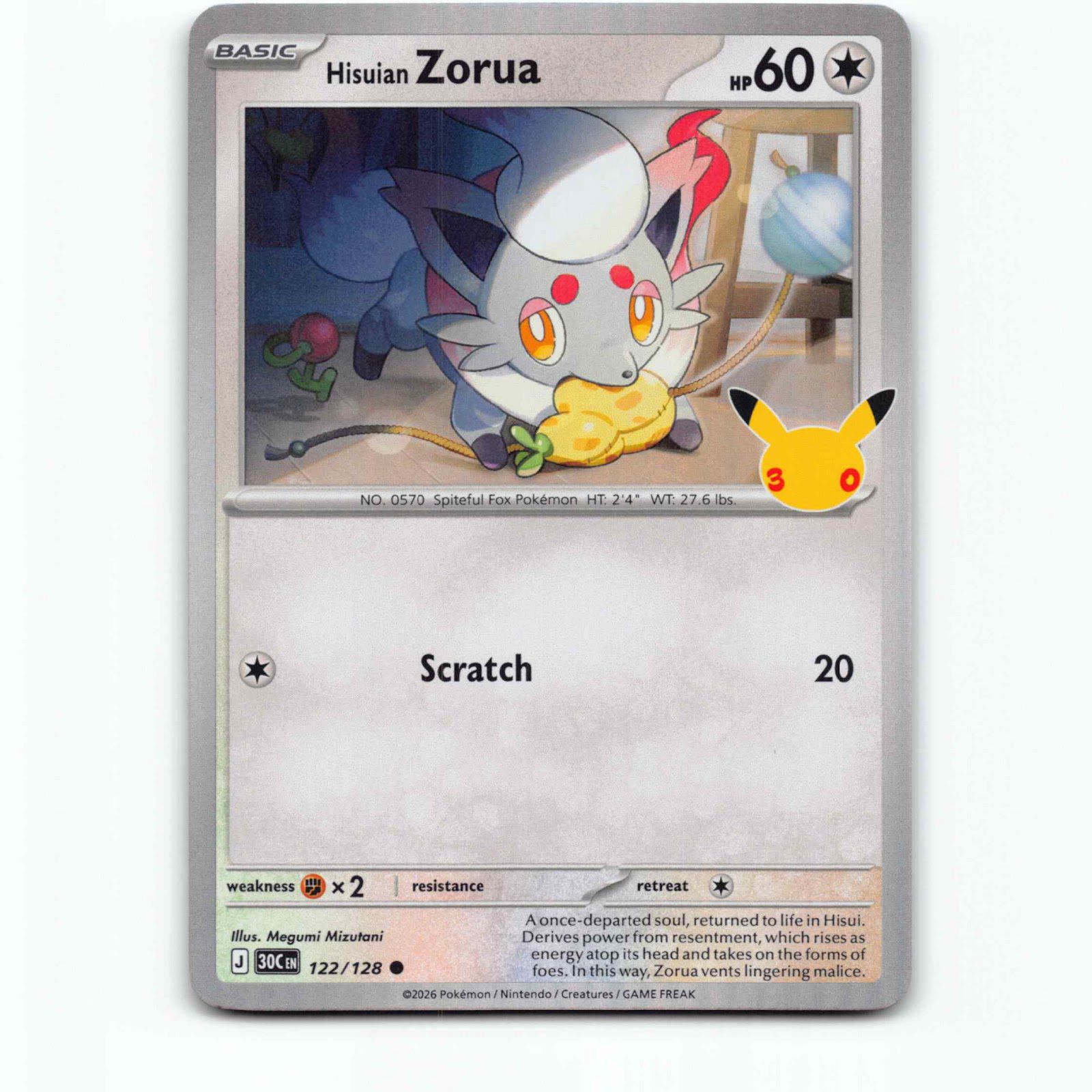 Hisuian Zorua 122 Holo Pokémon 30C EN 122/128 30th Celebration Pokemon Kort